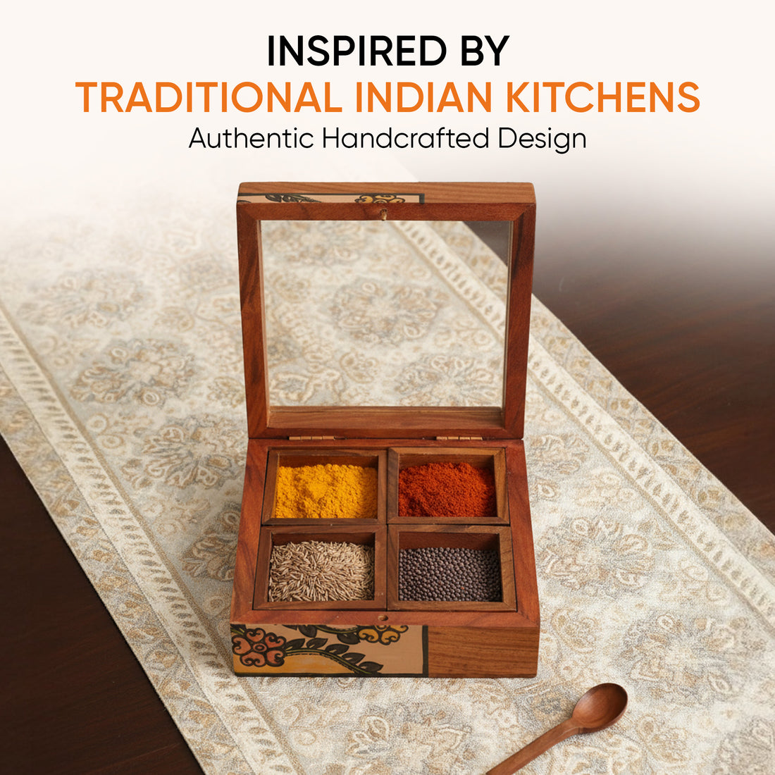 Spice Box Handcrafted Tribal Art 4 Slot Wooden with Spoon (6x6x2)