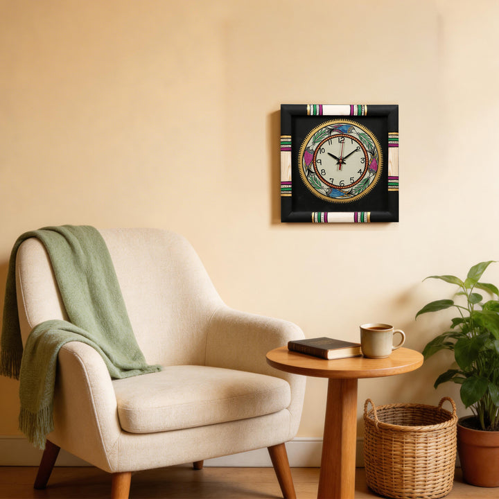 Wall Clock Handcrafted Warli Art Black Dial with Glass Frame (10x10)