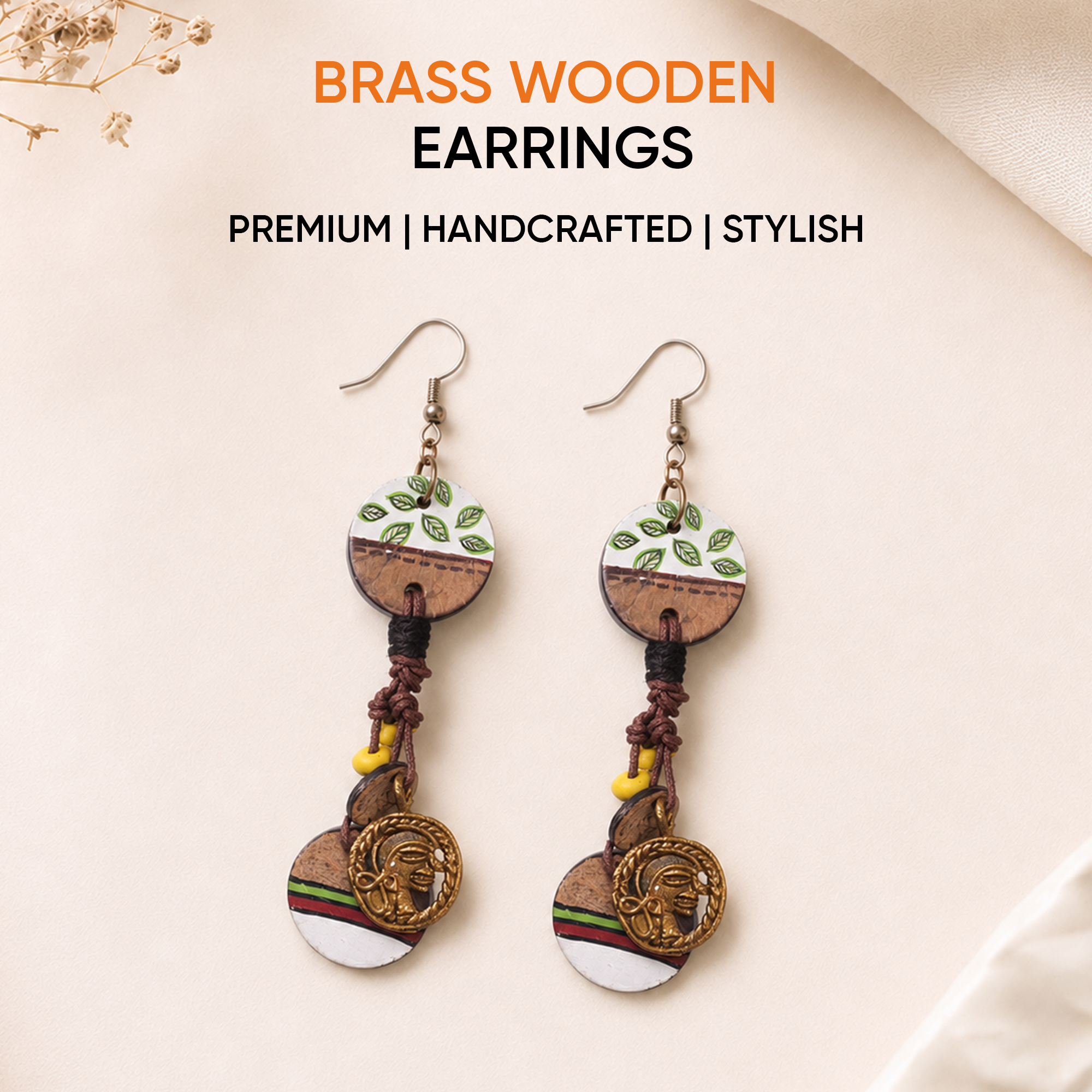 Boho Chic: Hanging Brass Wooden Earrings with Leaf Designs