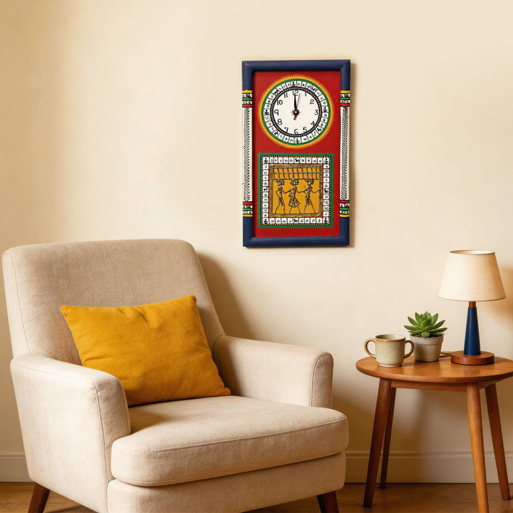 Desi Dhokra Wall Clock Warli Dial with Glass Frame (10x18)