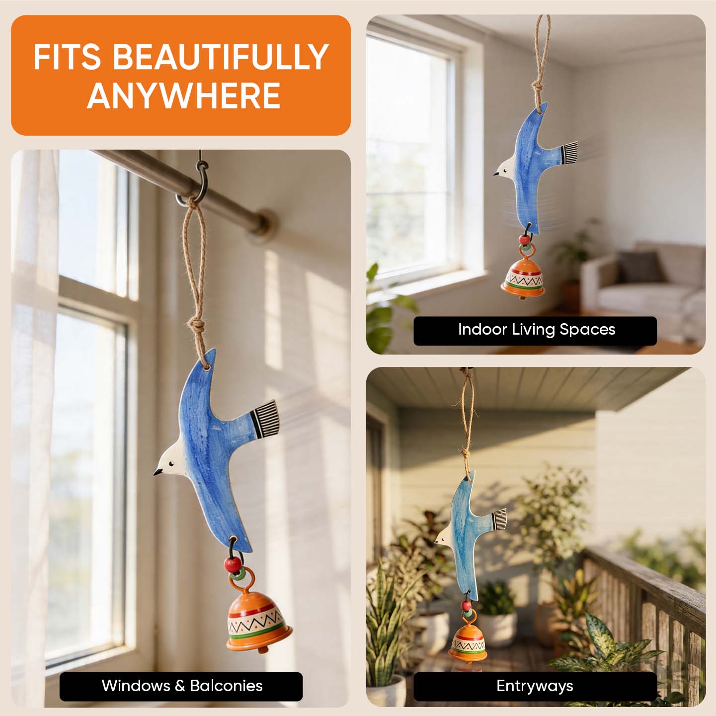 Blue Fly Bird Wind Chimes with Metal Bell for Home Decoration