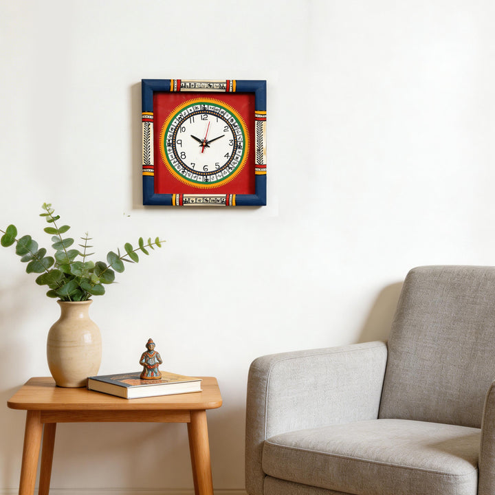 Wall Clock Handcrafted Warli Art Red Dial with Glass Frame (10x10)