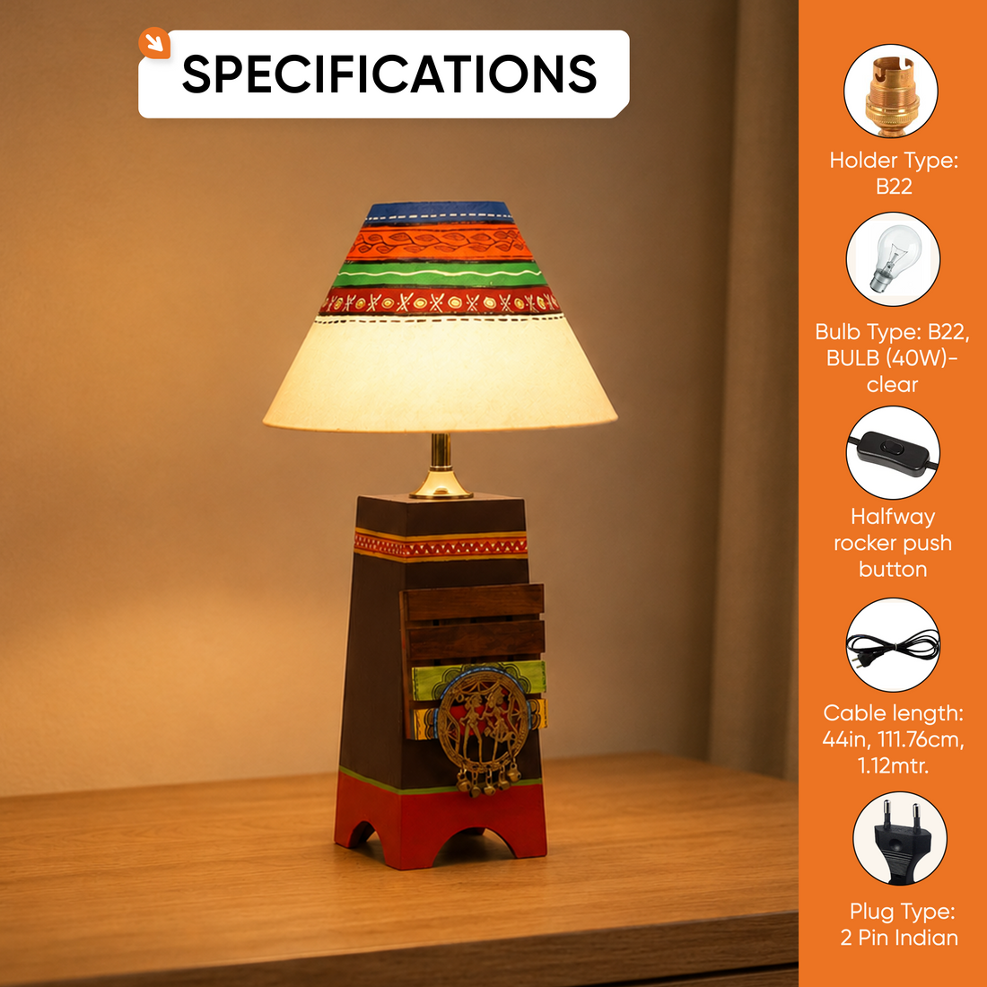 Pyramid wooden Table Lamp in Brown with Brass motifs, decorated with Tribal paintings with white Shade