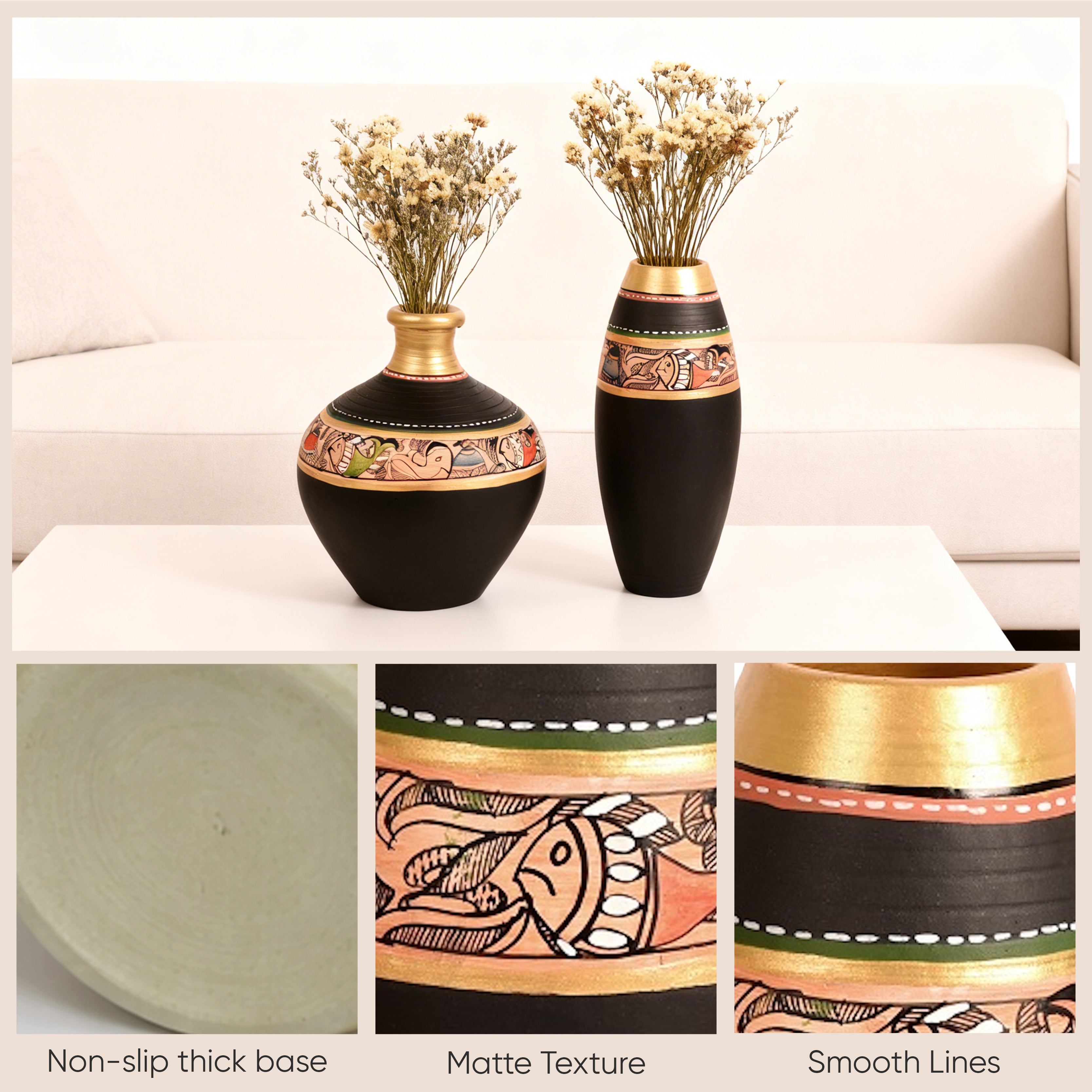 Vase Earthen Black Madhubani (Set of 2) (6x5/6x3)