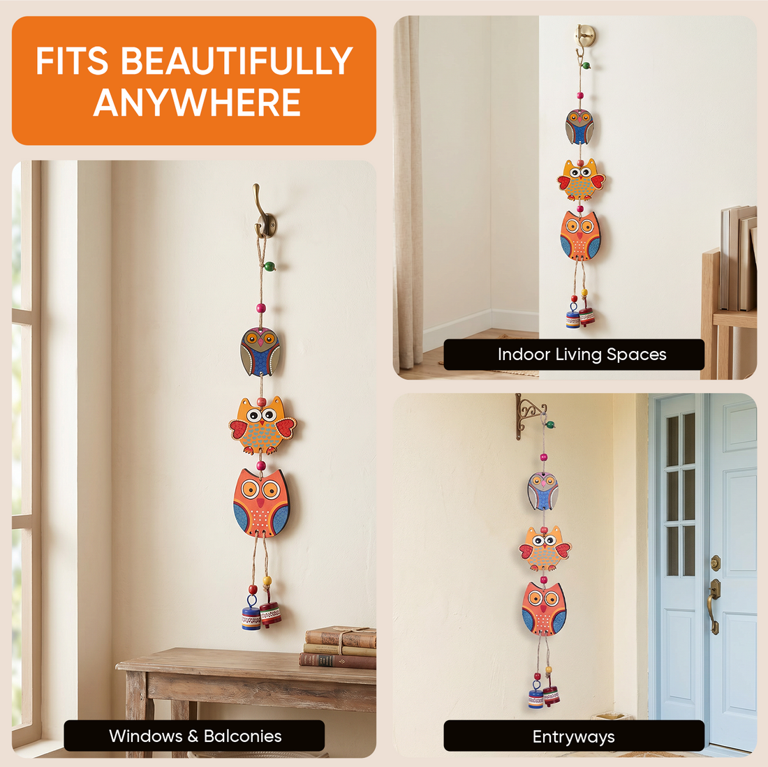 Owl Trinity Hand Painted  Windchime (3x1x18)