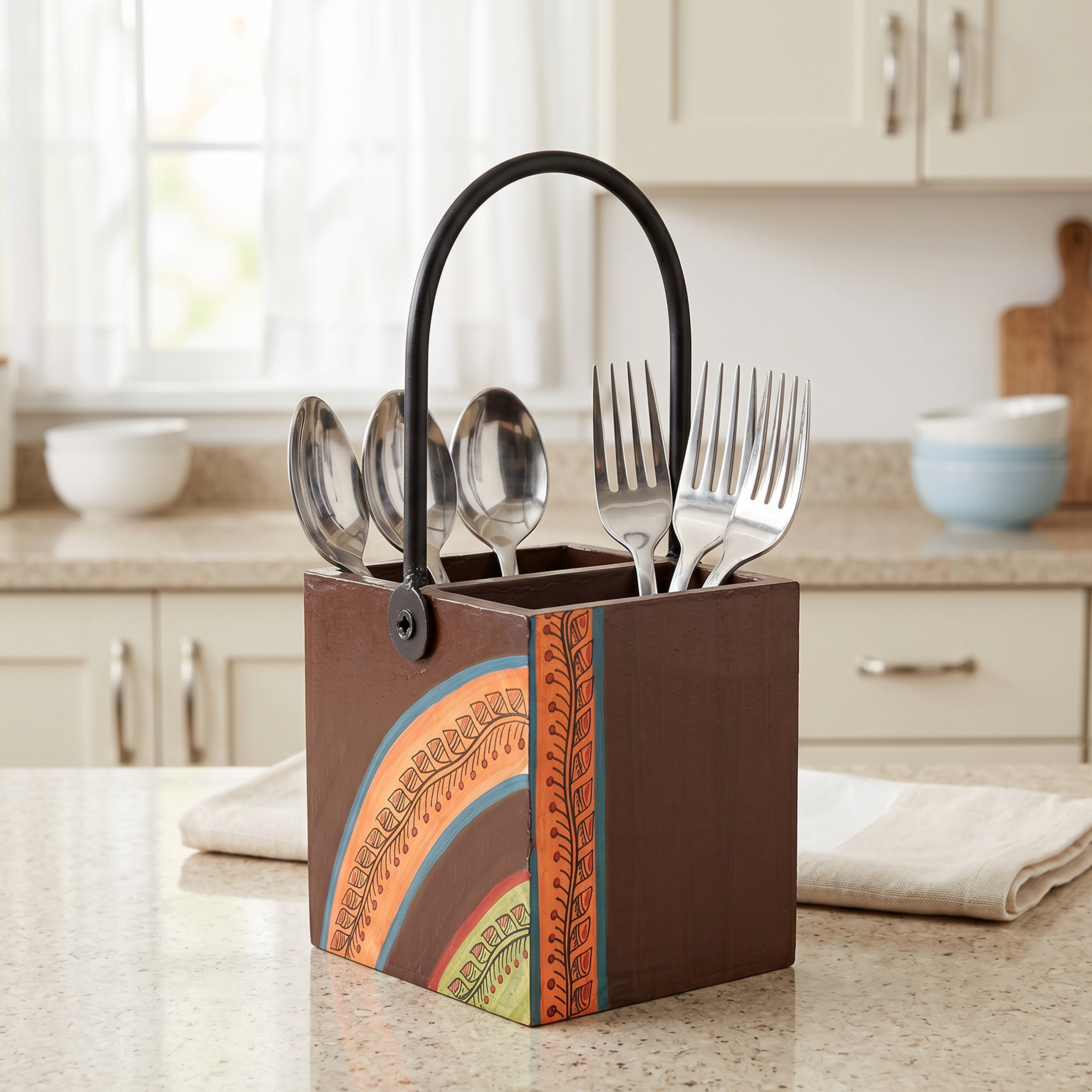 Cutlery Stand with Floral Patterns Handcrafted in Wood with Iron Handle (4x4x8.5)