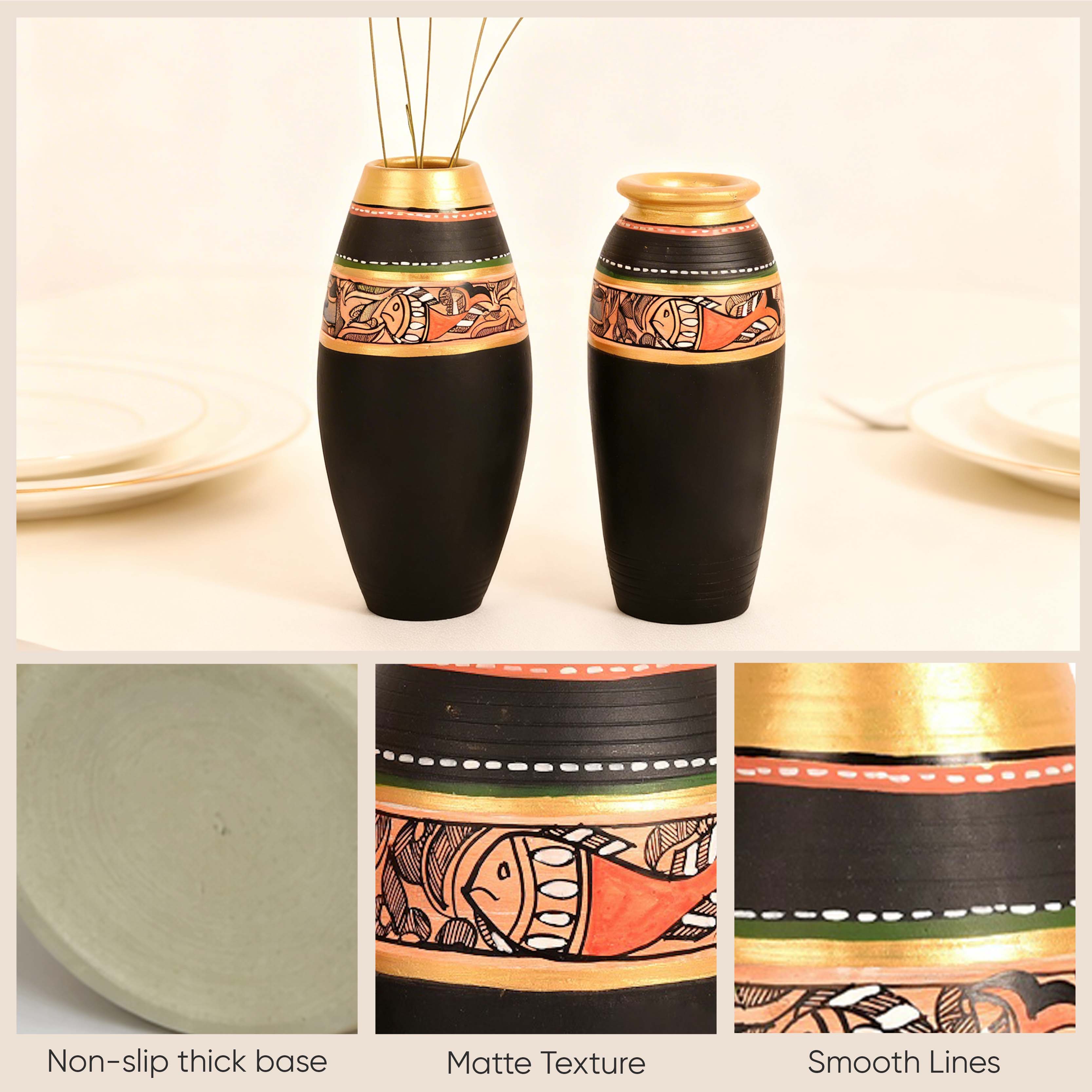 Vase Earthen Black Madhubani (Set of 2) (6.4x3/6x3)