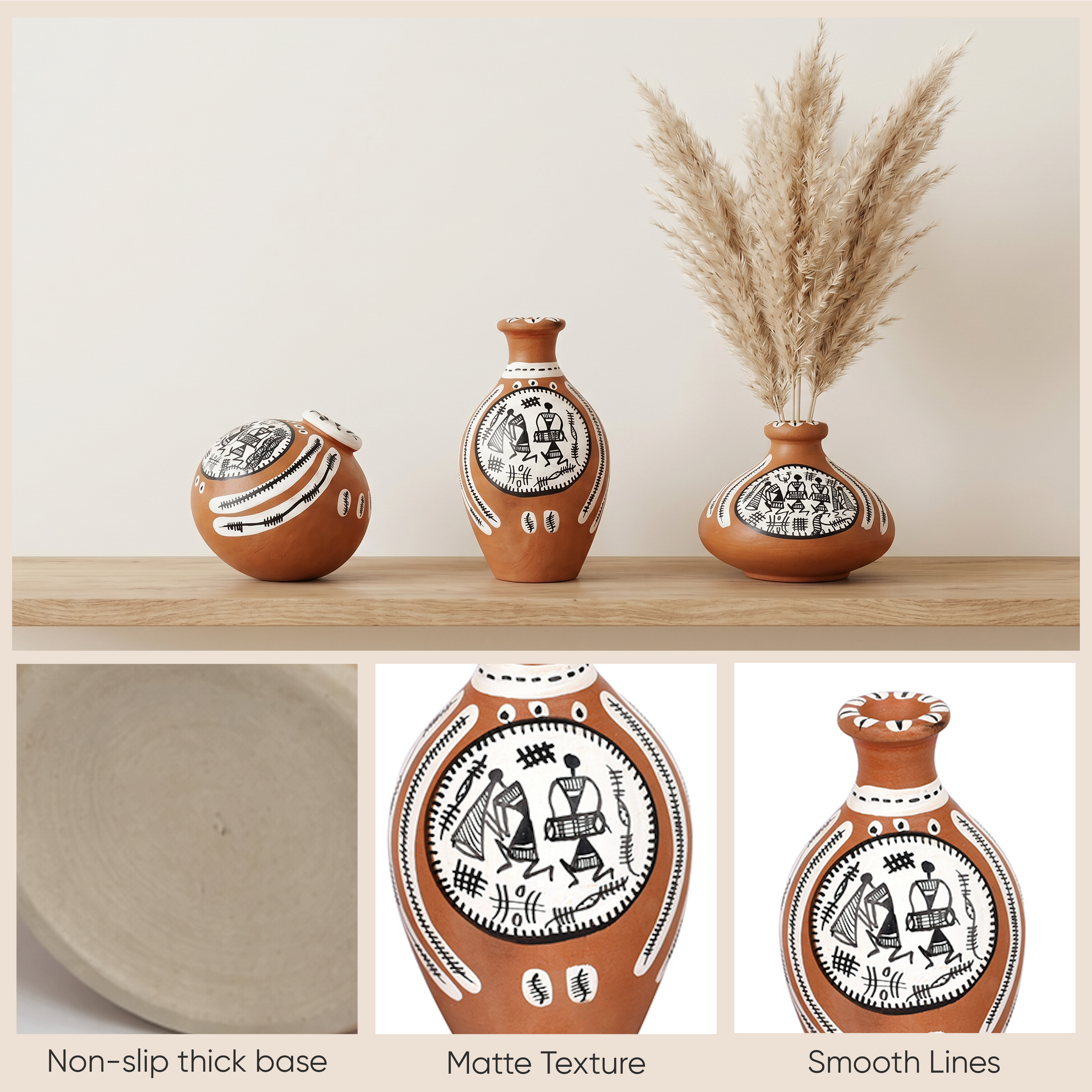 Vase Earthen Miniatures Natural Warli (Set of 3) 2.4/2/2
