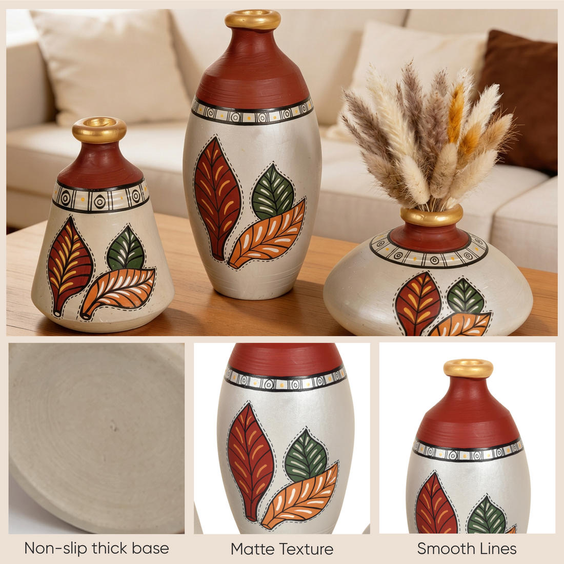 Silver Bloom Earthen Vases Handpainted in Tribal Art