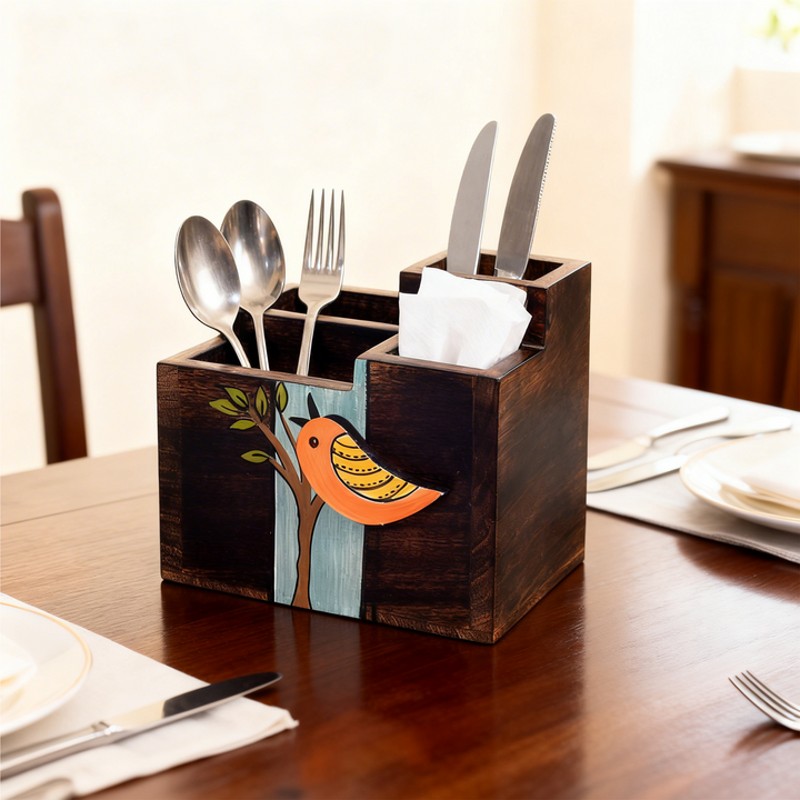 Robin Handcrafted Wooden Cutlery Holder, Elegant Organizer for Kitchen and Dining Table