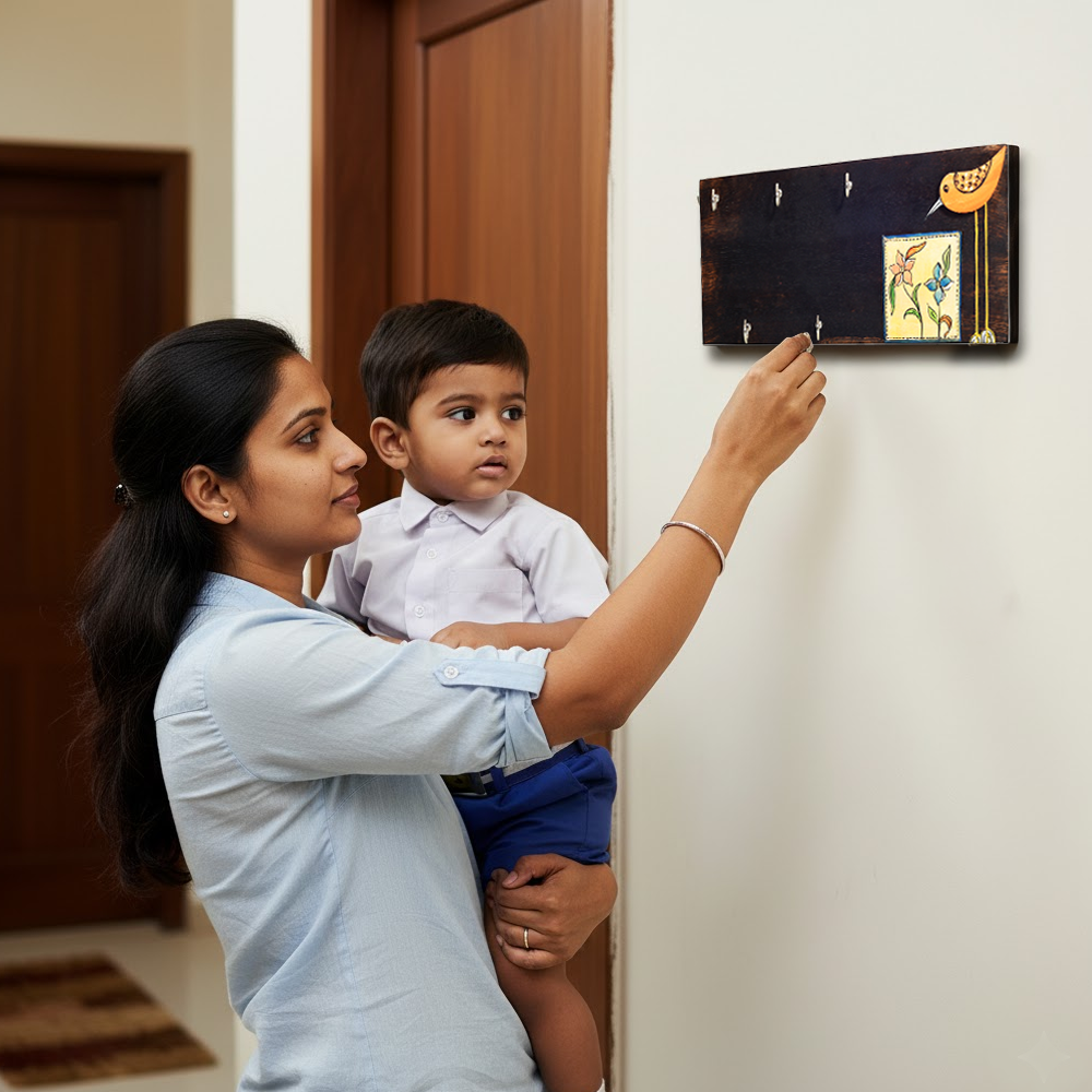 Rio Hand Painted Wooden Key Holder, Horizontal Wall Mounted Key Hanger with Bird and Floral Art for Entryway and Homedecor