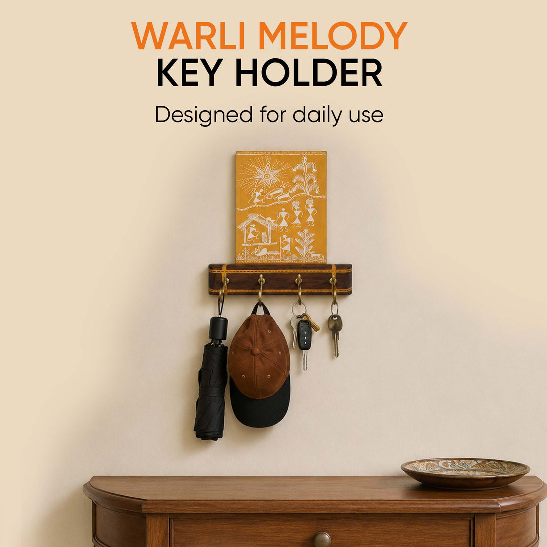 Warli Melody Key Holder In Yellow (6x2.5x8)