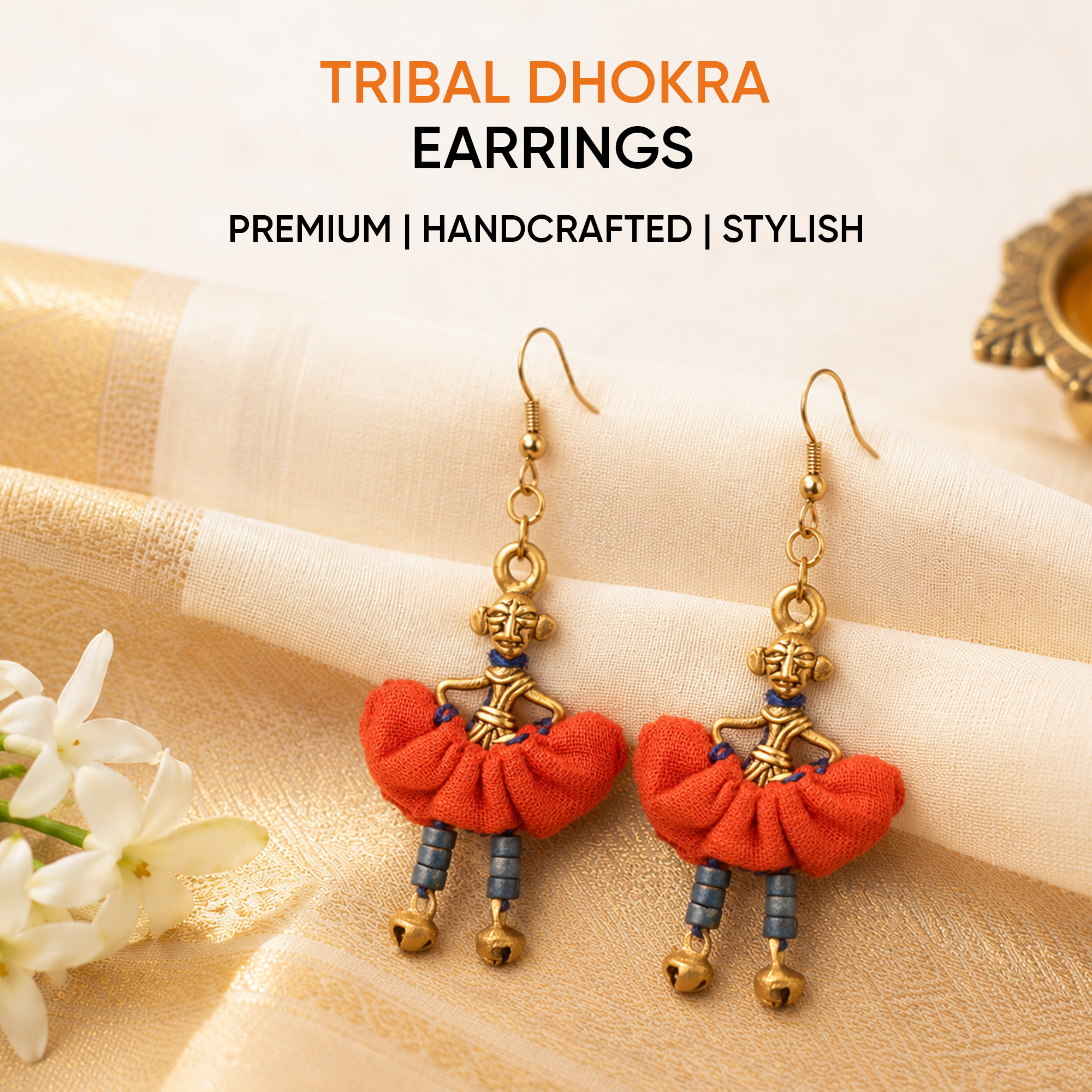 The Dancing Empress Handcrafted Tribal Dhokra Earrings in Garnet Red