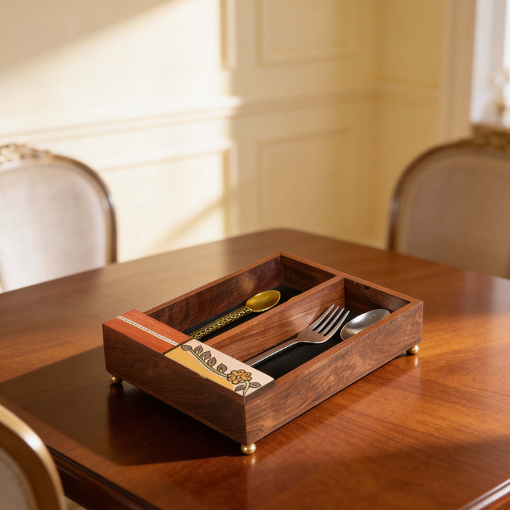 Cutlery Holder Handcrafted in Wood with Flower Motif (9x7x2.2")