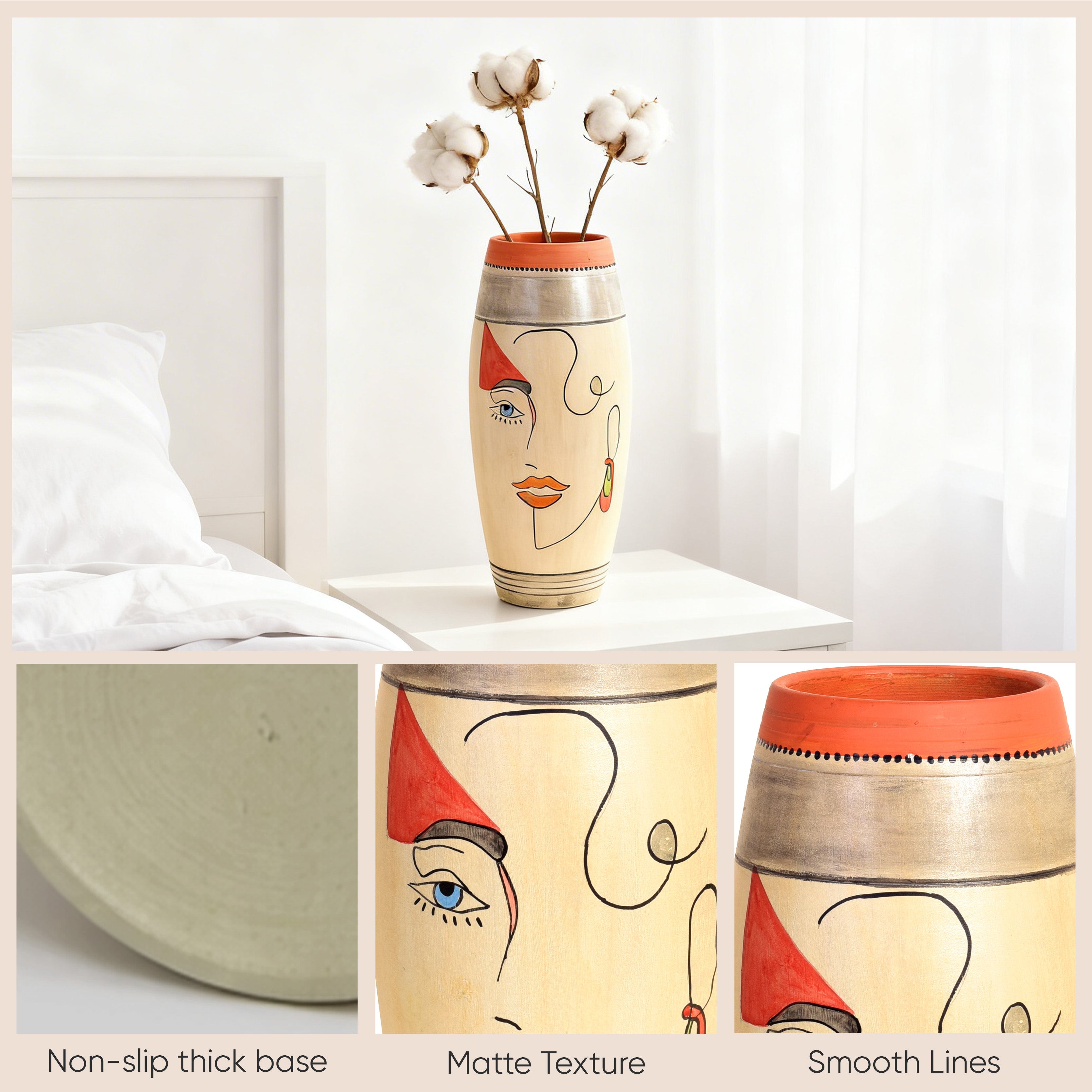 Artistic Face Motif Terracotta Jar for Boho Home Décor