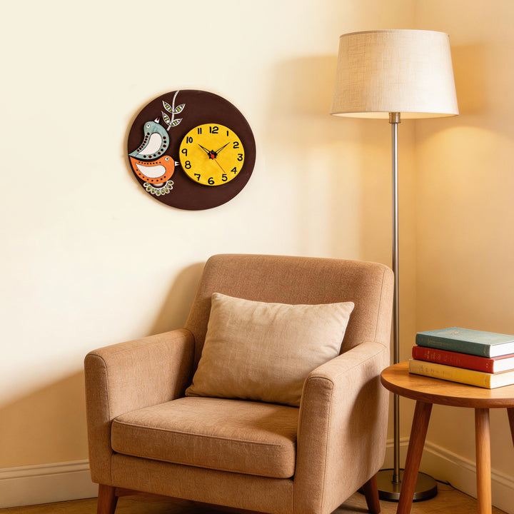Desiree Wall Clock Handcrafted Wooden Tribal Art with Birds Motif (10x1.5x10)