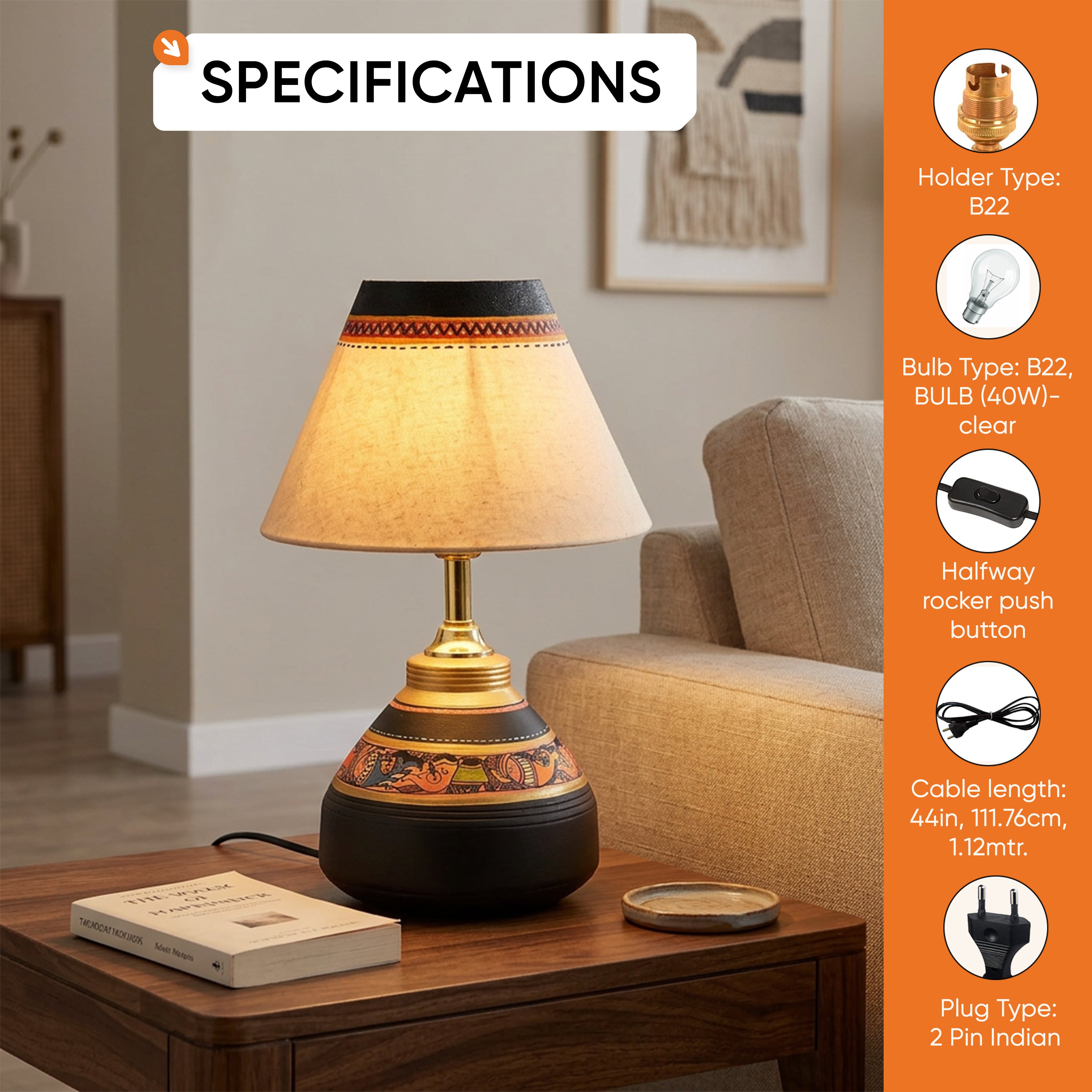 Table Lamp Black Earthen Handcrafted with White Shade (9.5x6")