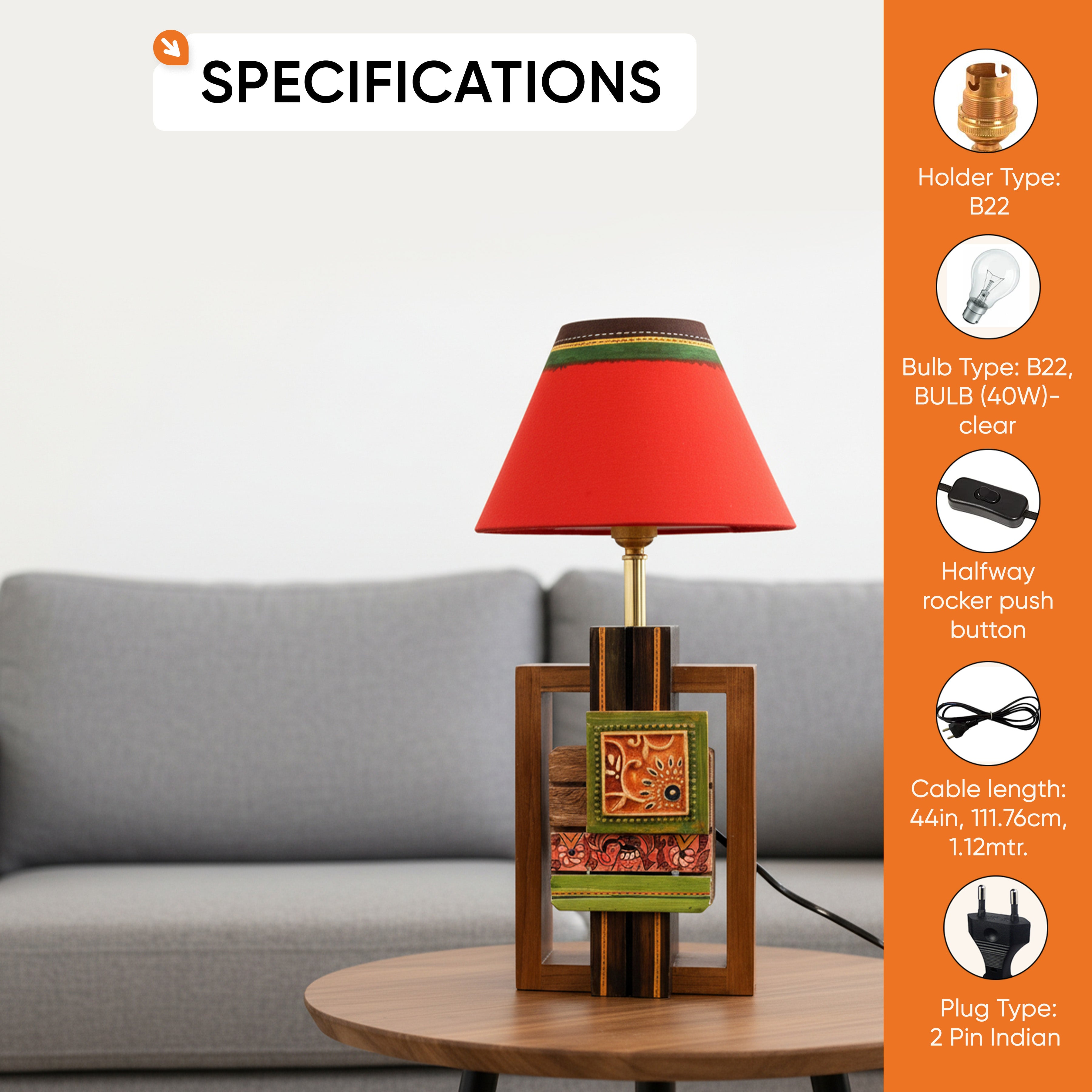 Table Lamp Handcrafted in Wood with Tribal Motifs & White Shade (6x4x12.5")