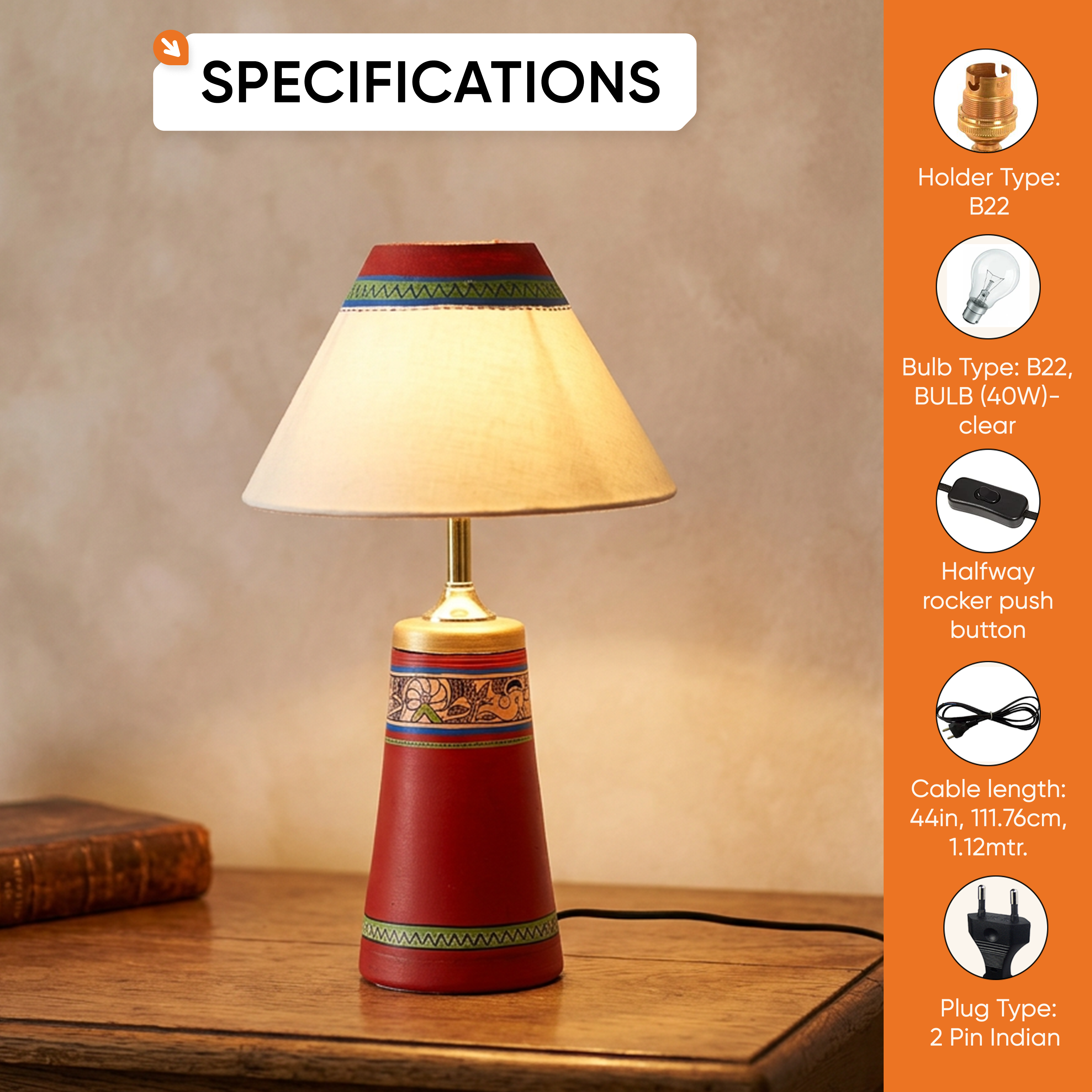 Table Lamp Red Earthen Handcrafted with White Shade (13x4.7")