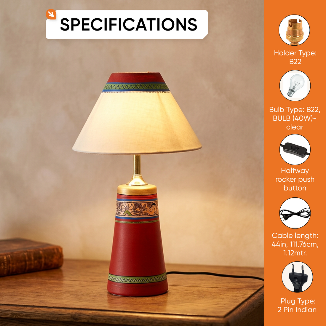 Table Lamp Red Earthen Handcrafted with White Shade (13x4.7")