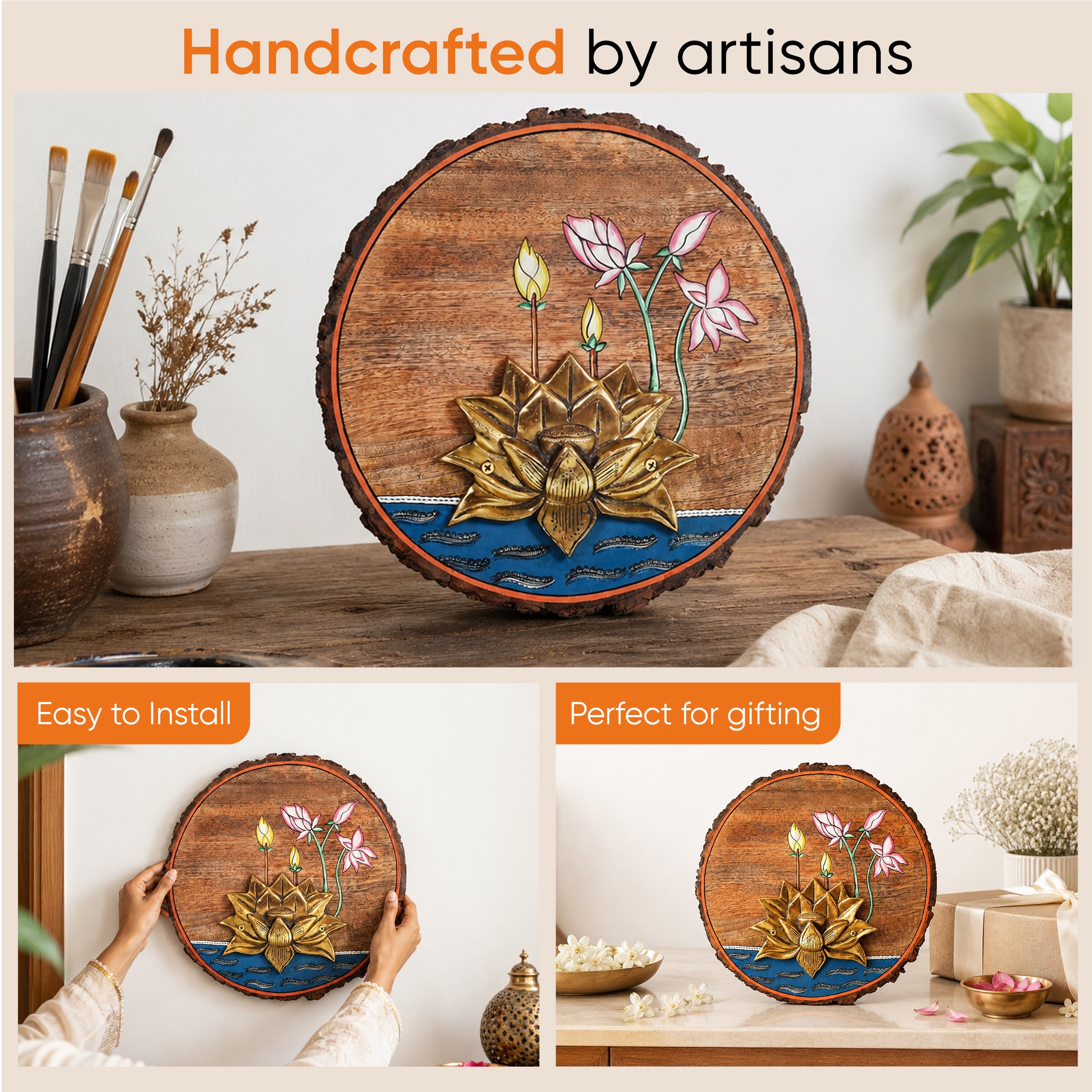 Kamala Lotus Wall Art, Handcrafted Wooden Decor with Lotus Flower and Diyas for Purity, Grace and Spiritual Glow