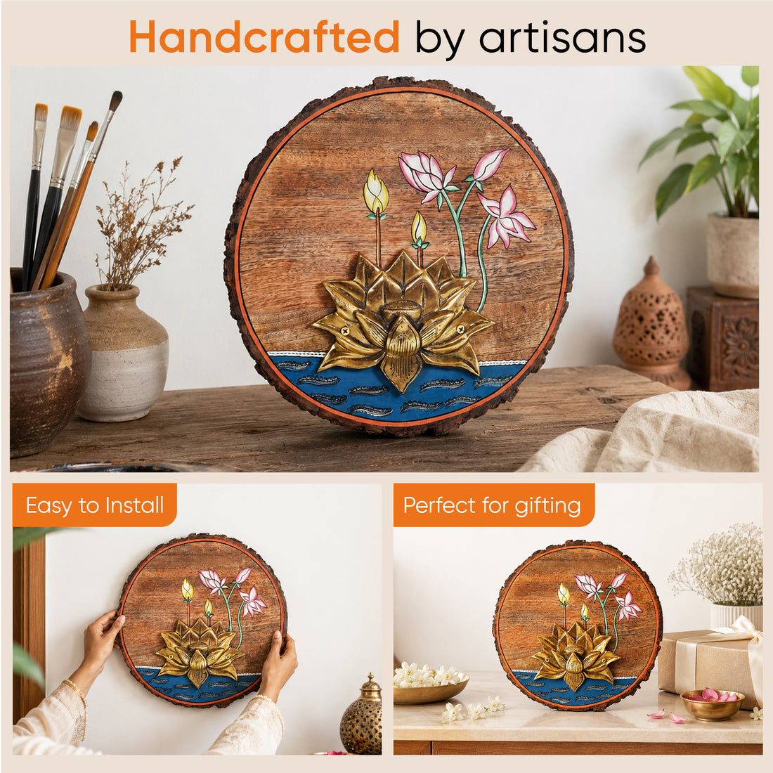 Kamala Lotus Wall Art, Handcrafted Wooden Decor with Lotus Flower and Diyas for Purity, Grace and Spiritual Glow