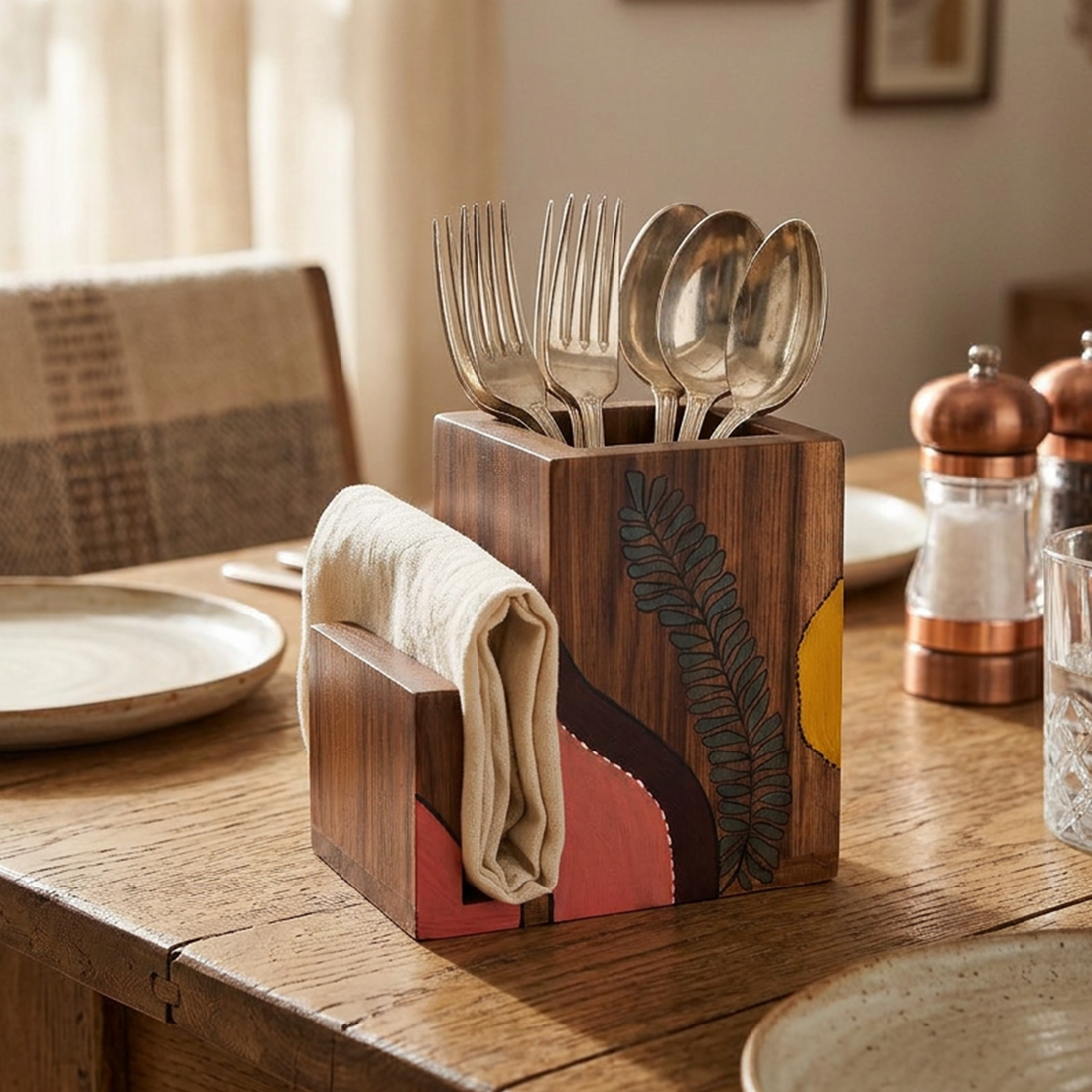 Teak leaves cutlery holder small (4.5x3x4.5)