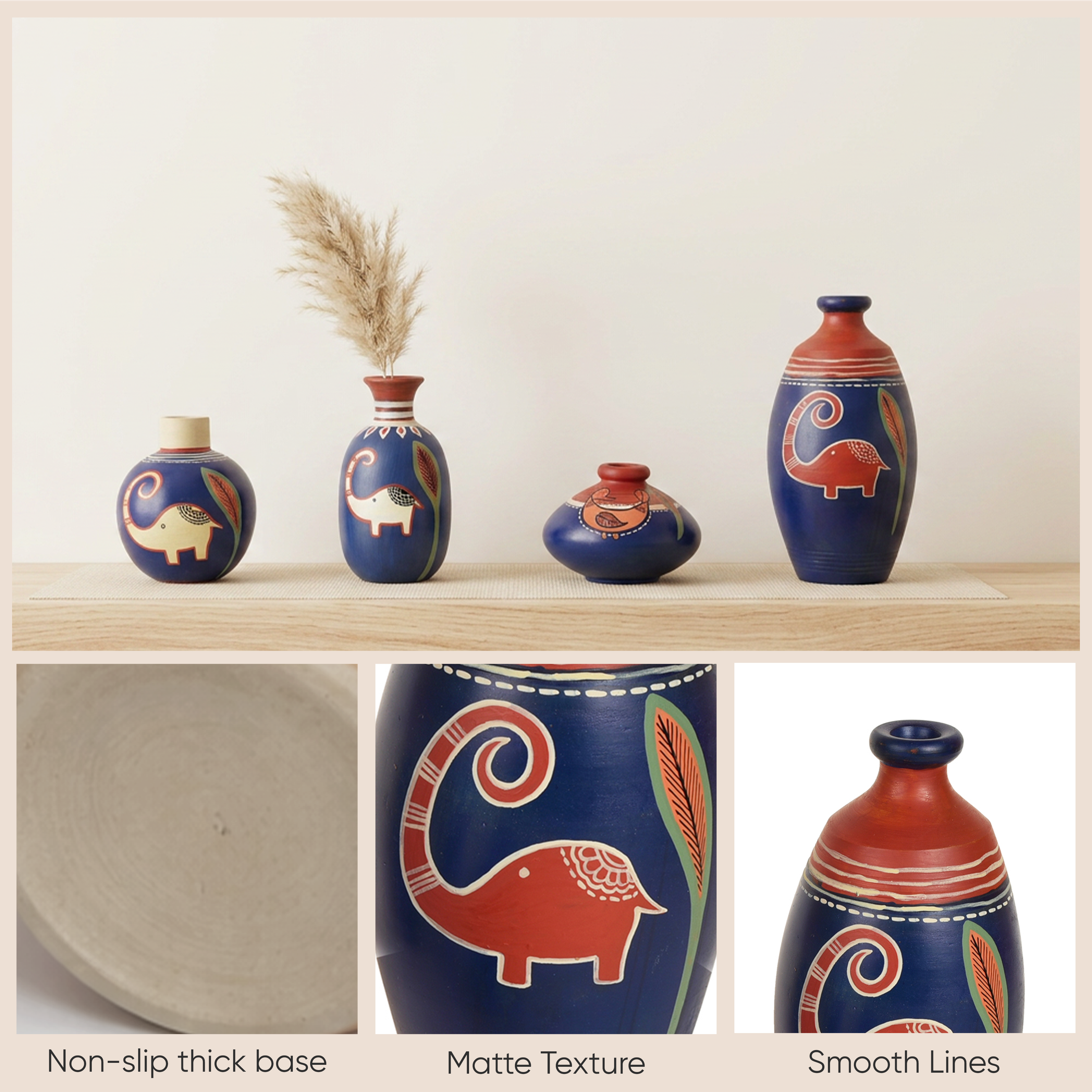 Happy Elephant Vases (So4) in Blue (5x2.5/4x3/2.5x2.5/6x3 HxDia)