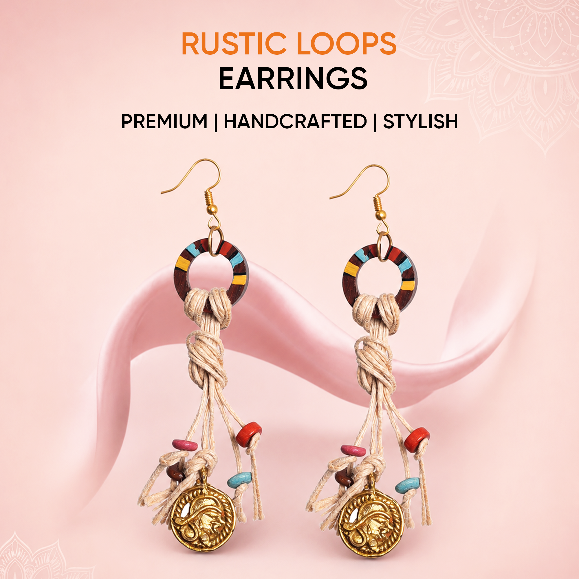 Rustic Loops: Handcrafted Wooden Earrings with Intricate Brass Figures