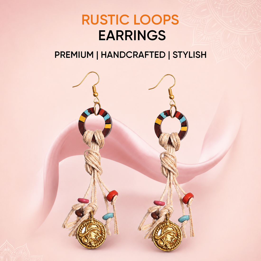 Rustic Loops: Handcrafted Wooden Earrings with Intricate Brass Figures
