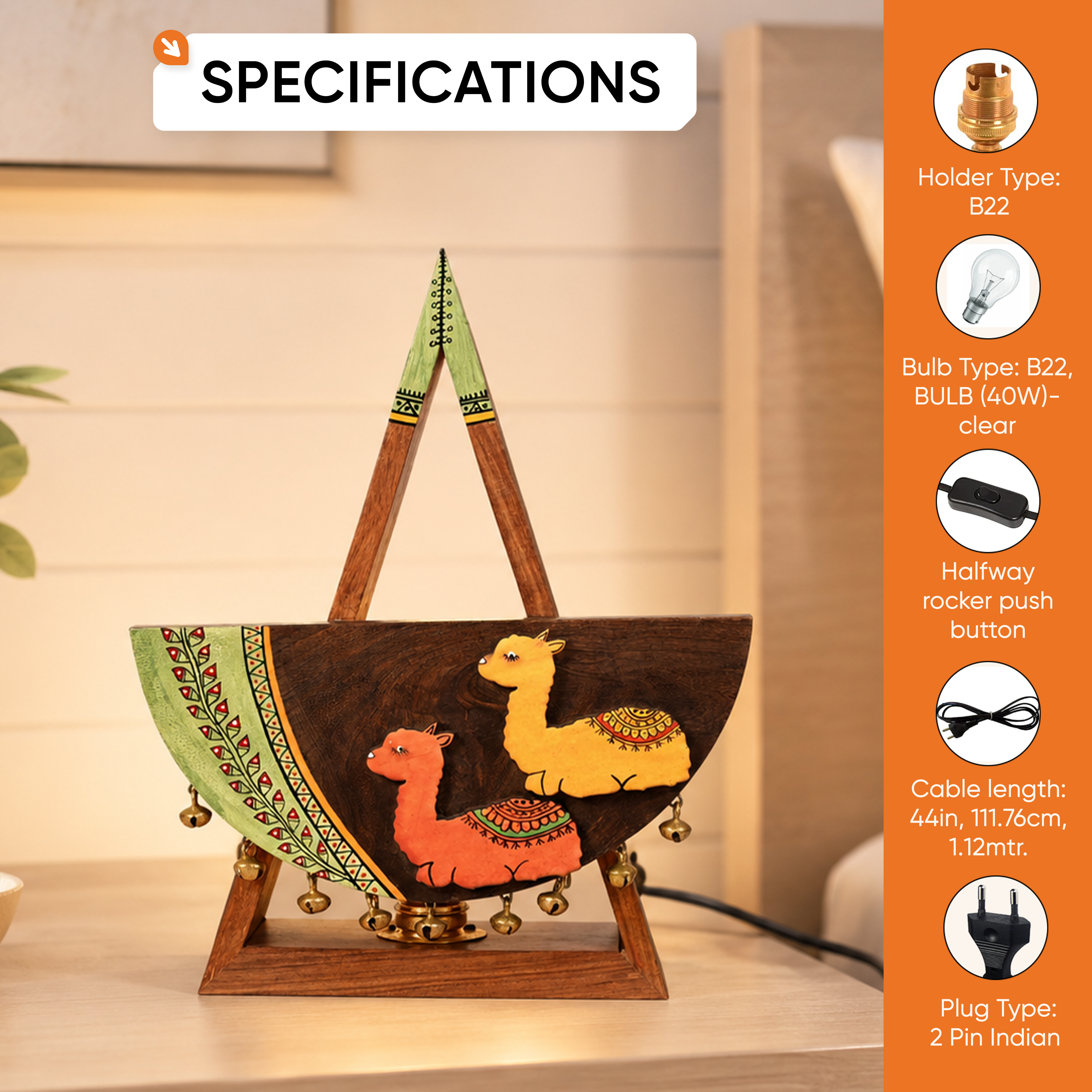 Table Lamp Handcrafted in Wood with Alpaca Motif (9.4x3.4x12")