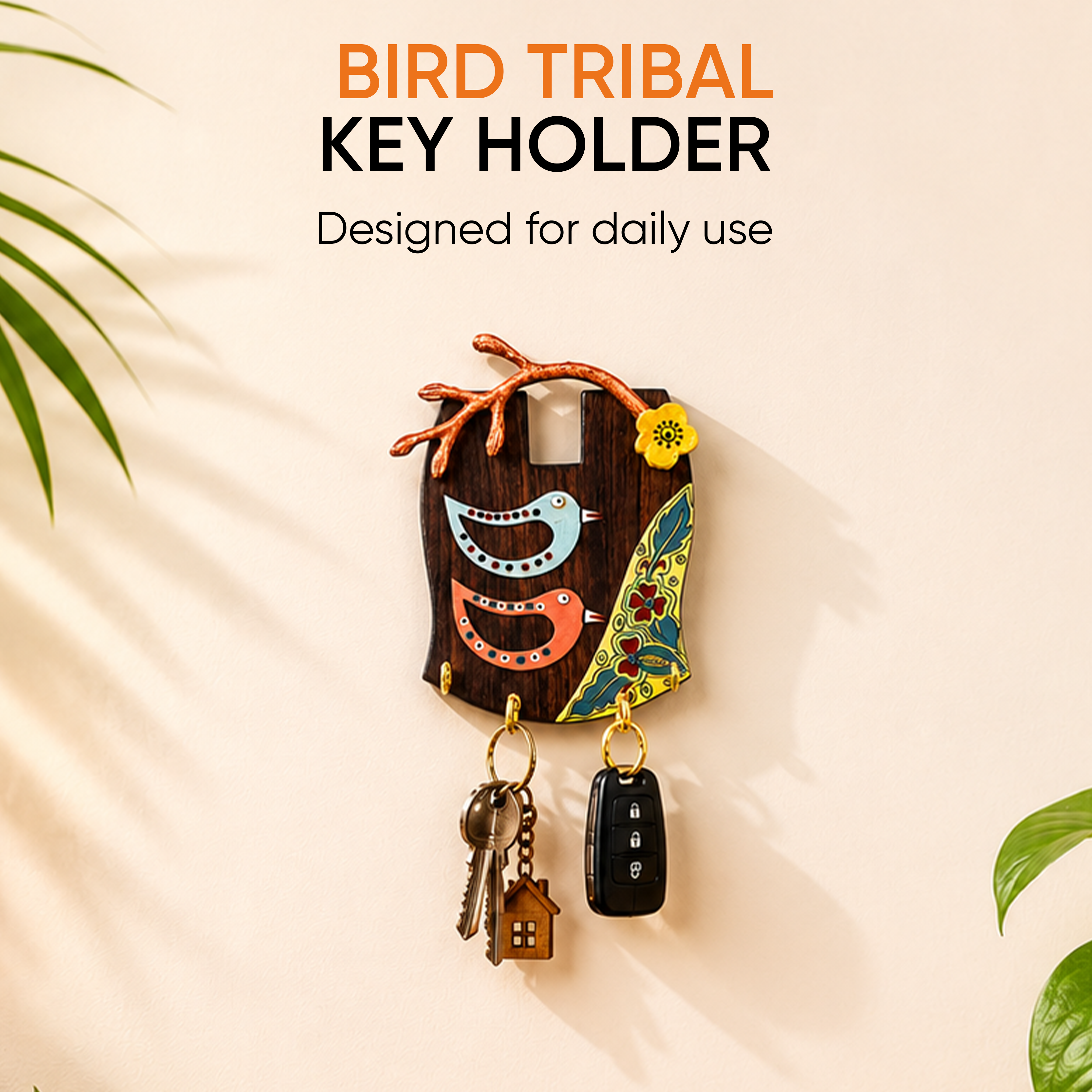 Key Holder Handcrafted Tribal Art Bird Theme 4 keys (7.5x2x10)