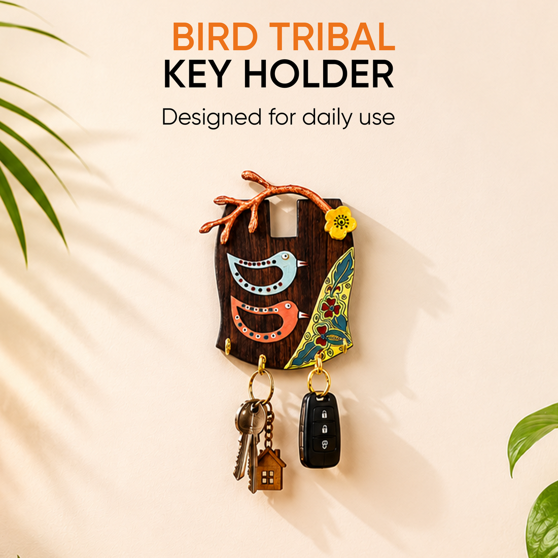 Key Holder Handcrafted Tribal Art Bird Theme 4 keys (7.5x2x10)