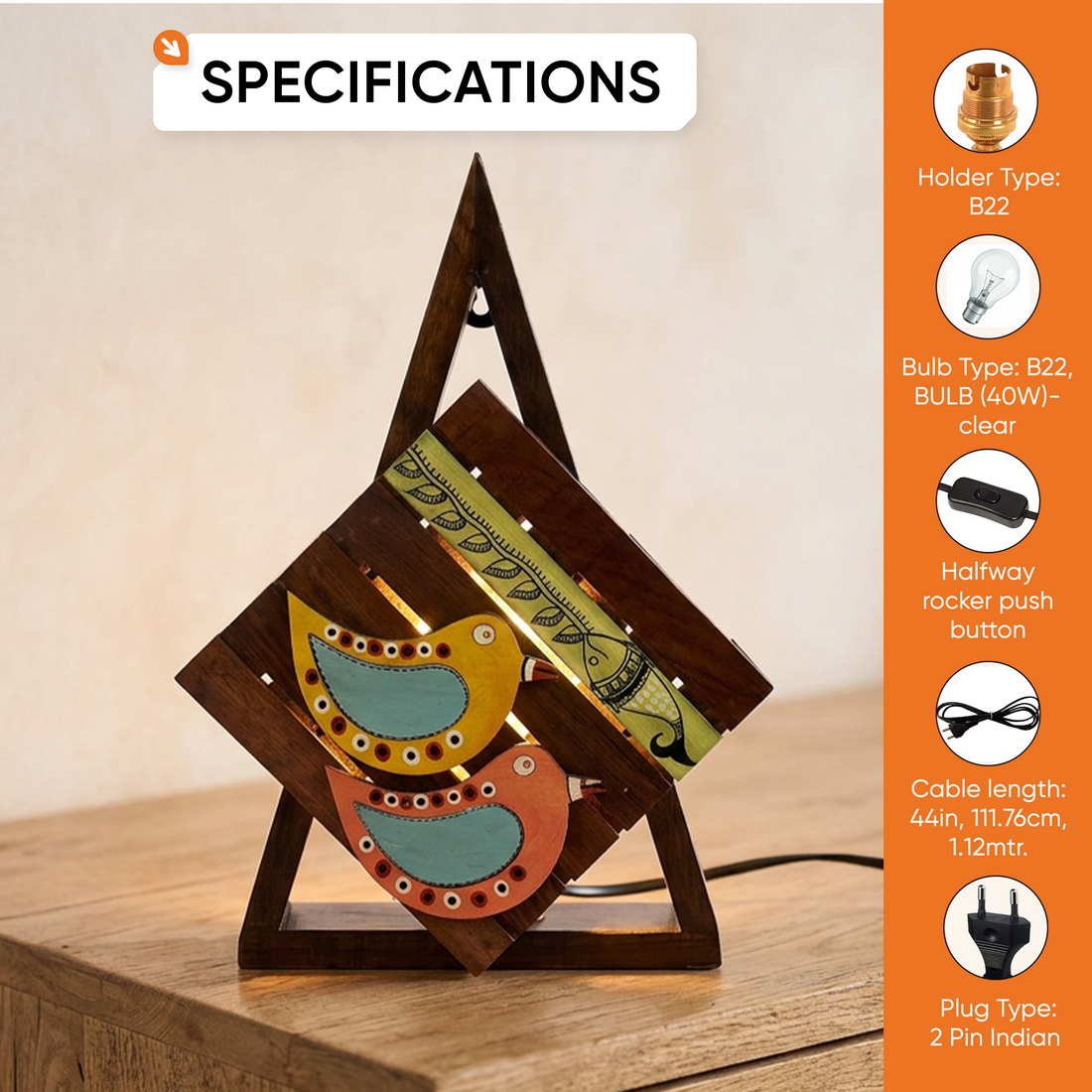 Table Lamp Handcrafted in Wood with Tribal & Bird Motifs (8.4x2.6x12")