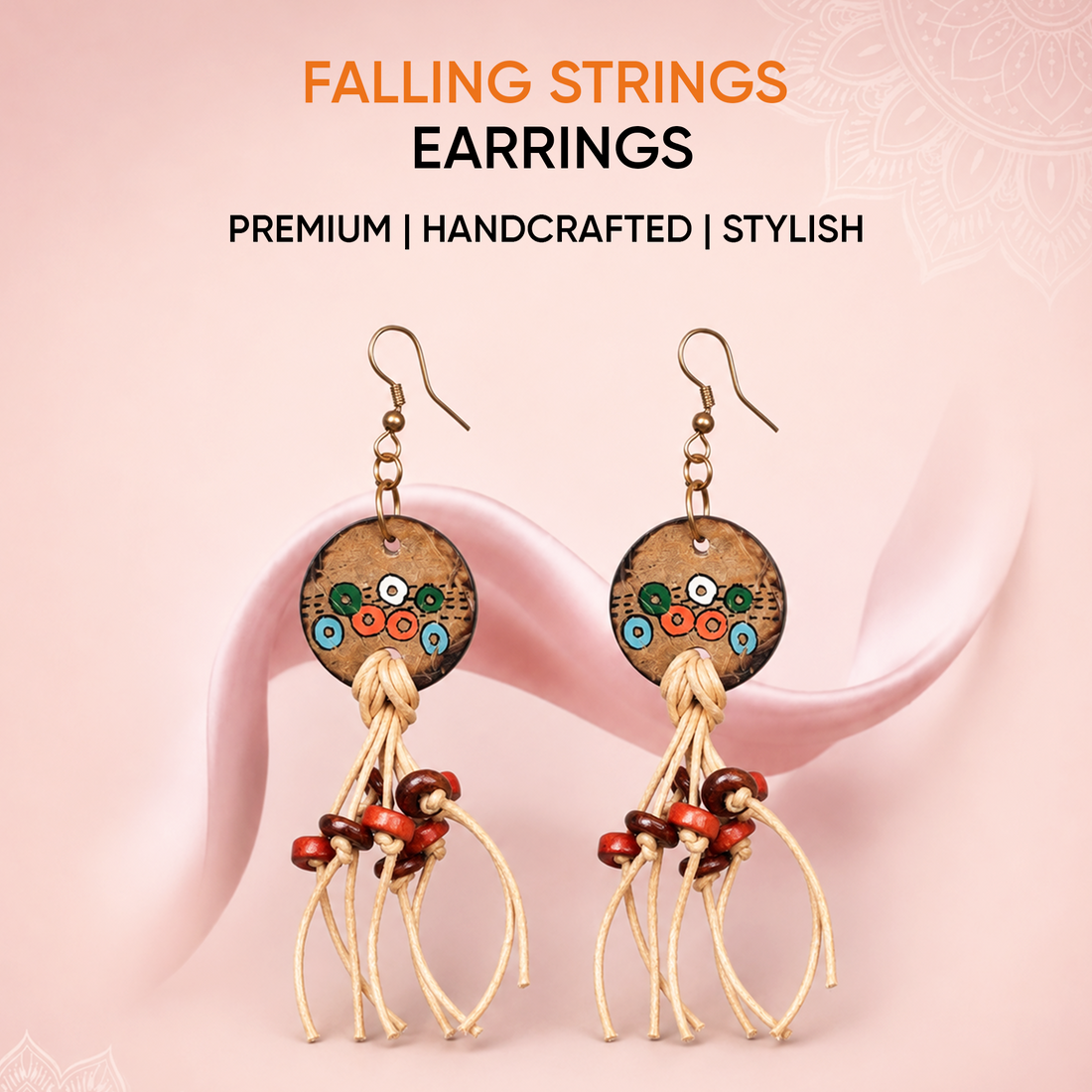 Rustic Loops: Handcrafted Wooden Earrings with Falling Strings