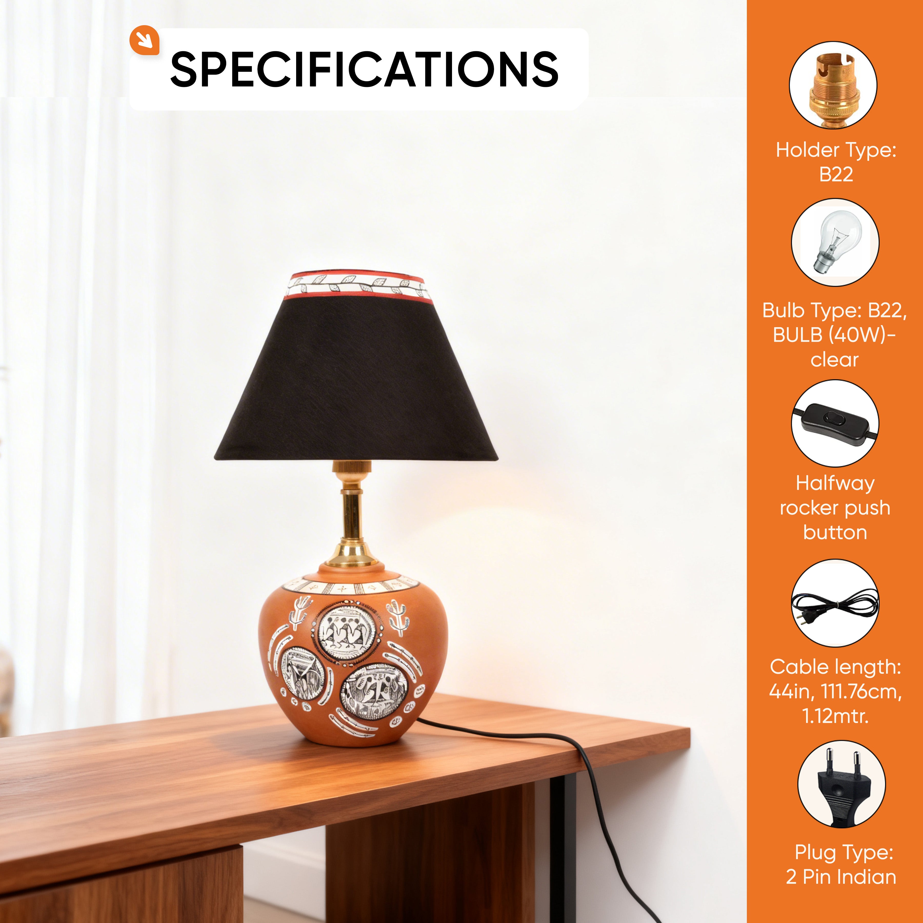 Table Lamp Terracotta Earthen Handcrafted with Black Shade (8.5x5")