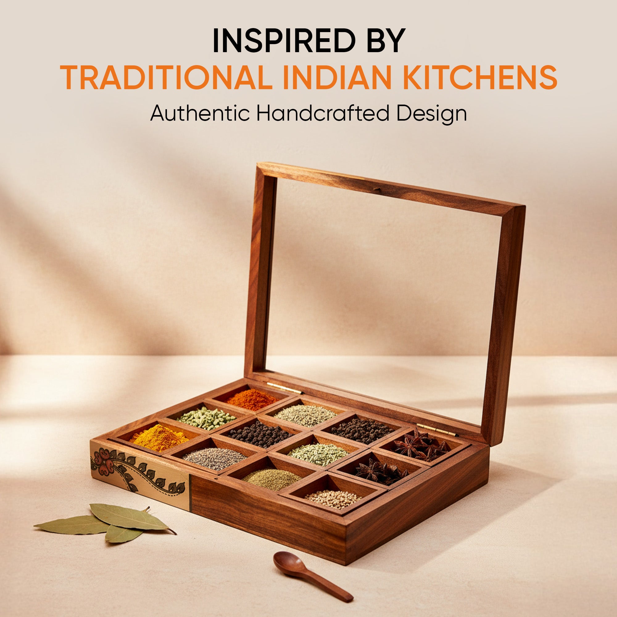 Spice Box Handcrafted Tribal Art 12 Slot Wooden with Spoon (10.5x8x2)