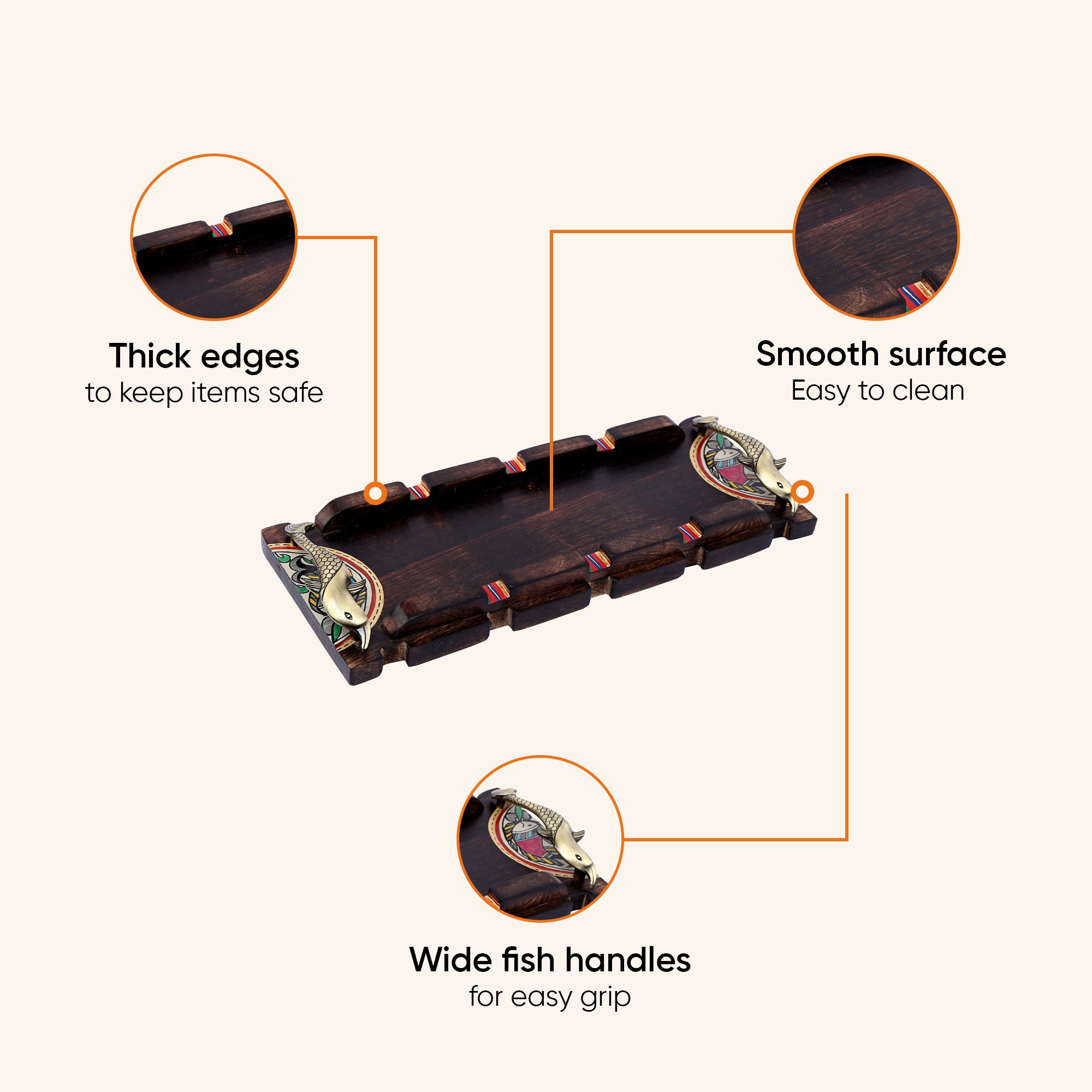 Tray handcrafted with Warli design & Fish Handles (15x6)