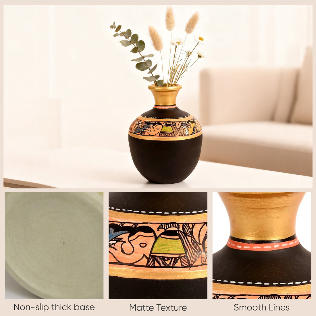 Vase Earthen Handcrafted Black Madhubani 6x4(HxD)