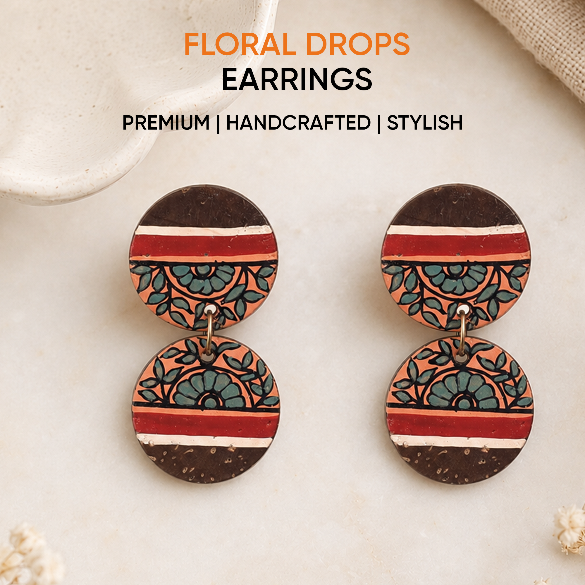 Floral Drops Handcrafted Tribal Wooden Earrings