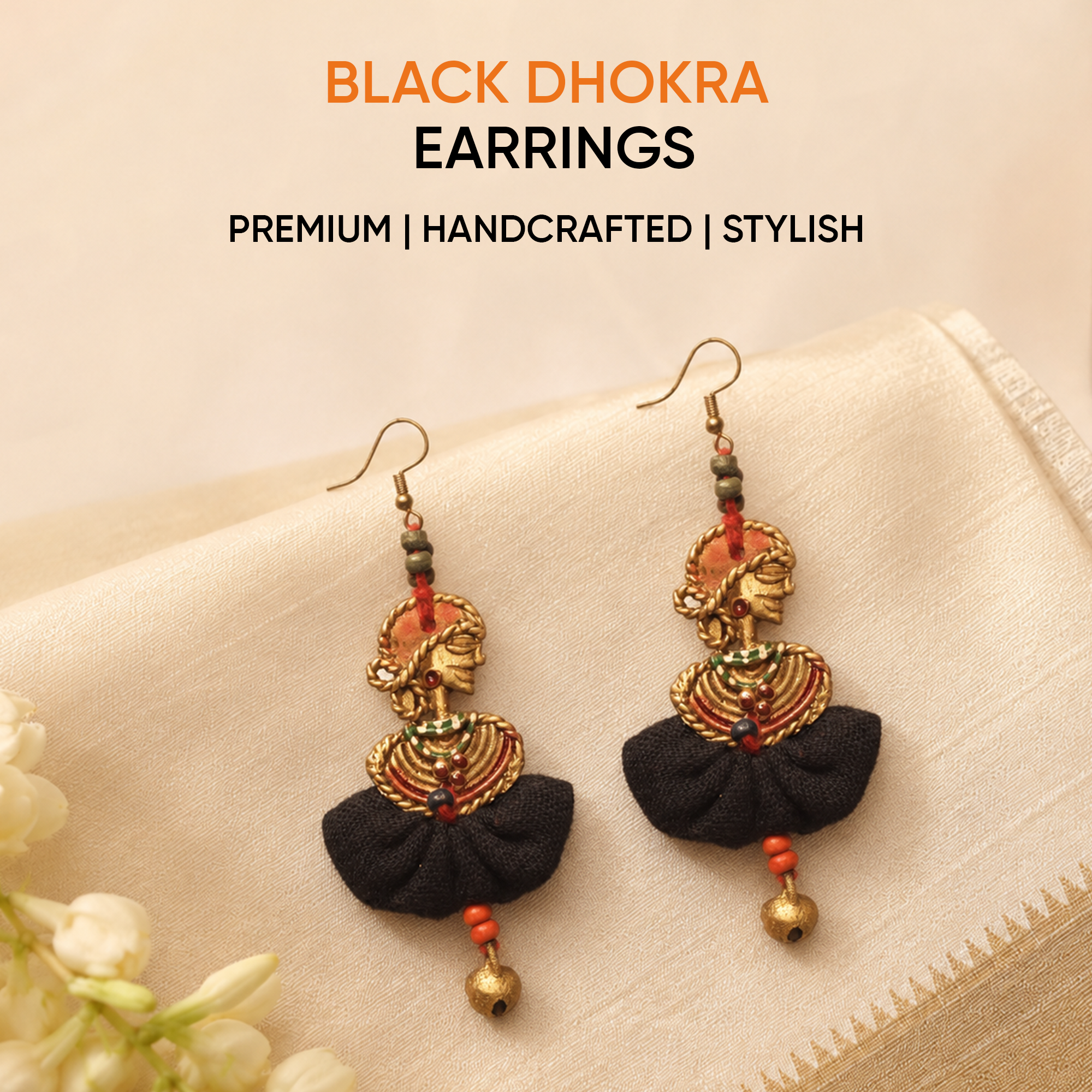 The Dancing Empress Handcrafted Tribal Dhokra Earrings in Jet Black