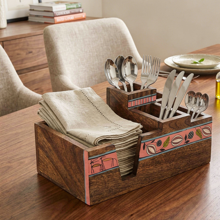 Leafy Charm Wooden Cutlery Holder (10x6x5)