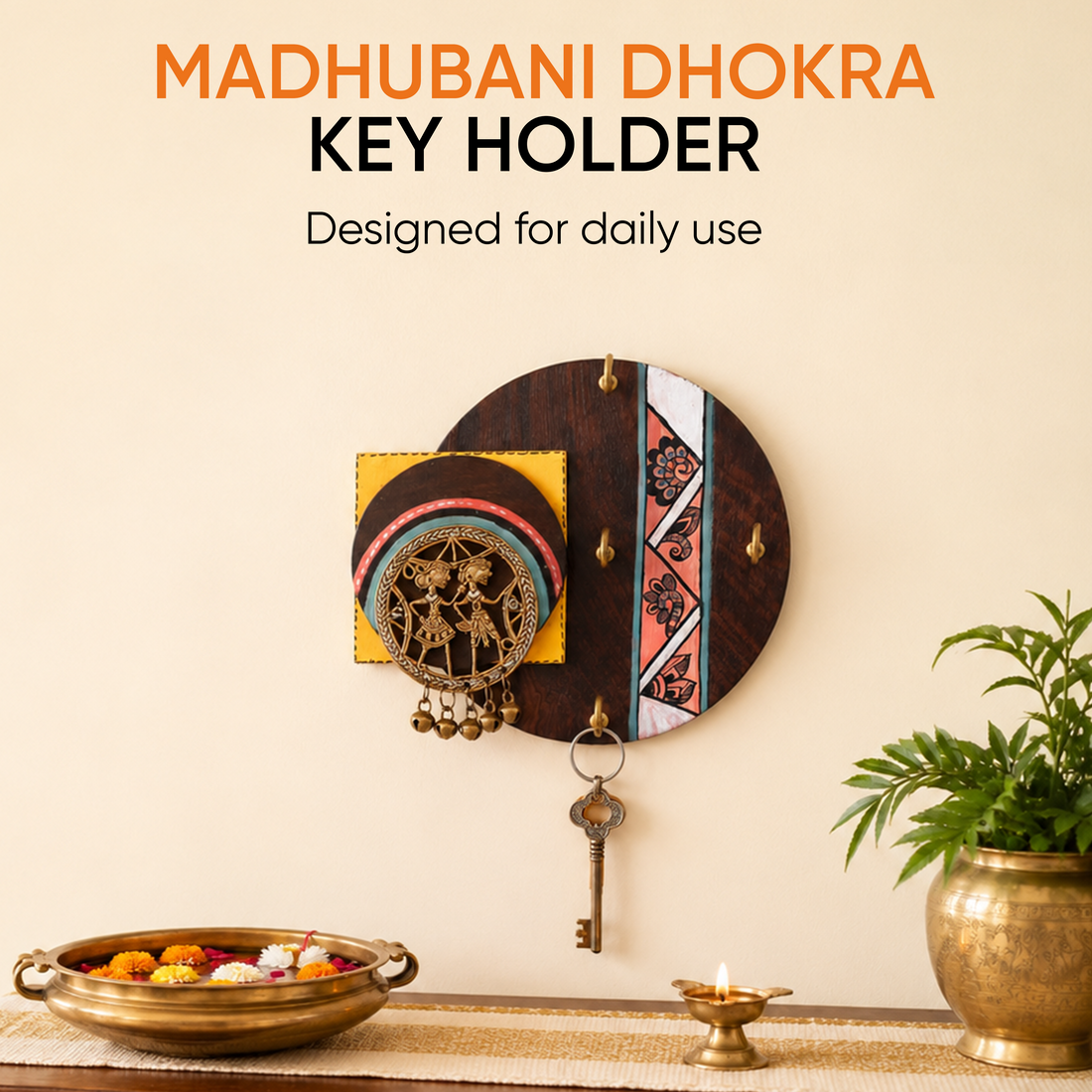 Key Holder Handcrafted Madhubani Dhokra 4 keys (7.5x1.5x6.5)