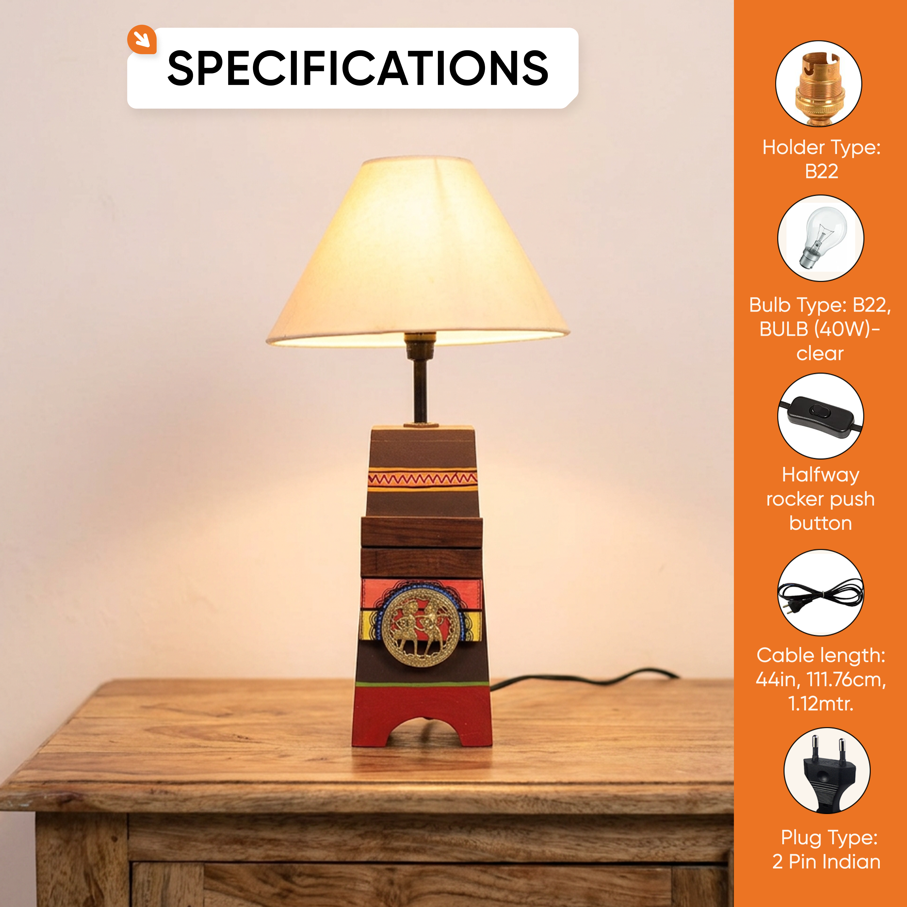 Handcrafted Wooden Table Lamp with Beige Shade, Artistic Bedside and Living Room Lighting