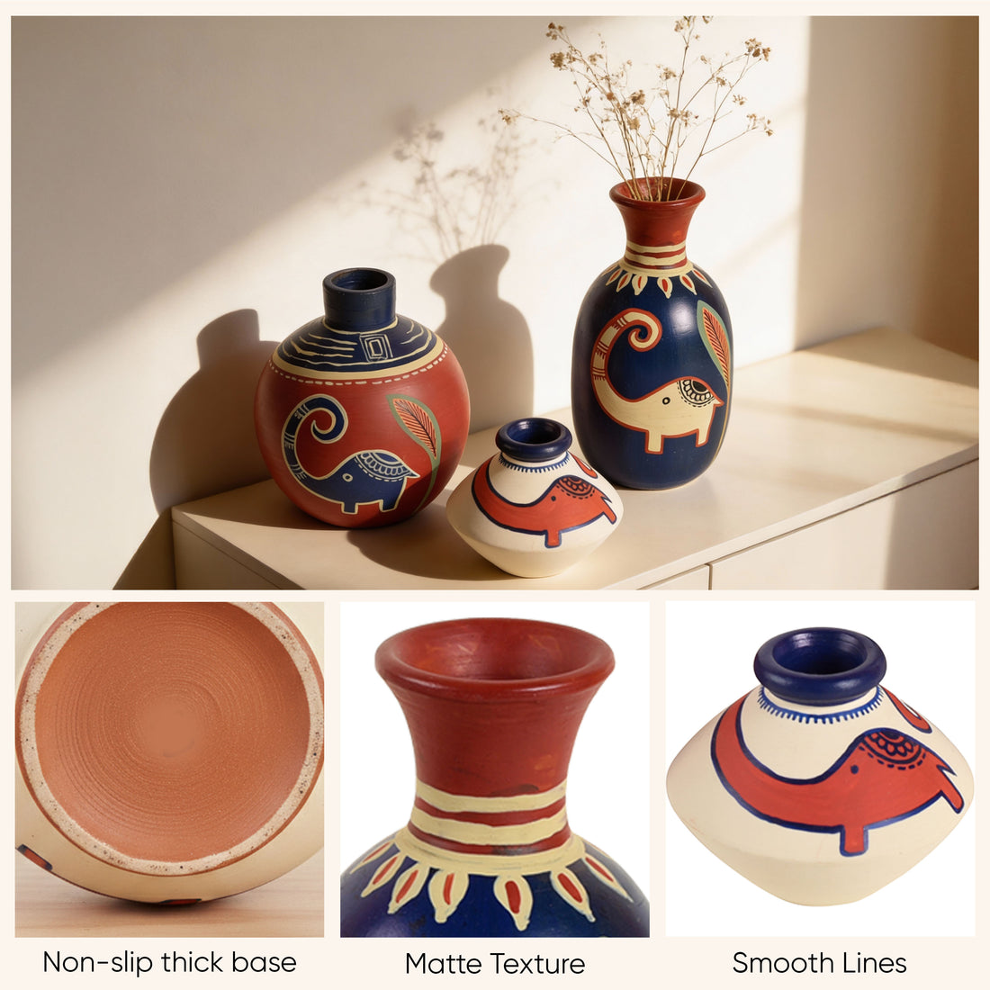 Happy Elephant Vases (So3) in Red/Blue/White (2.5x5/3x4/2.5x2.5)