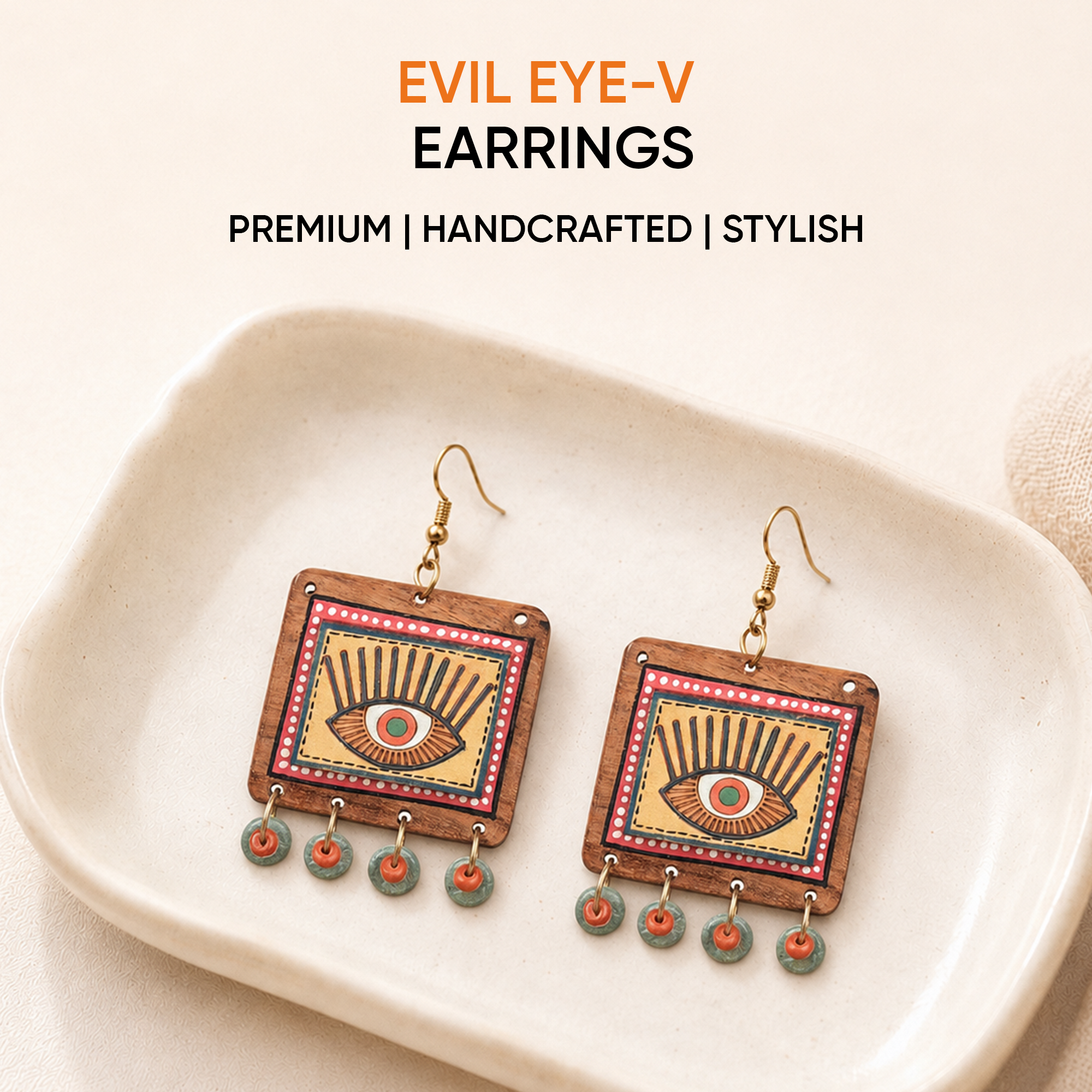 Evil Eye-V' Handcrafted Tribal Wooden Earrings