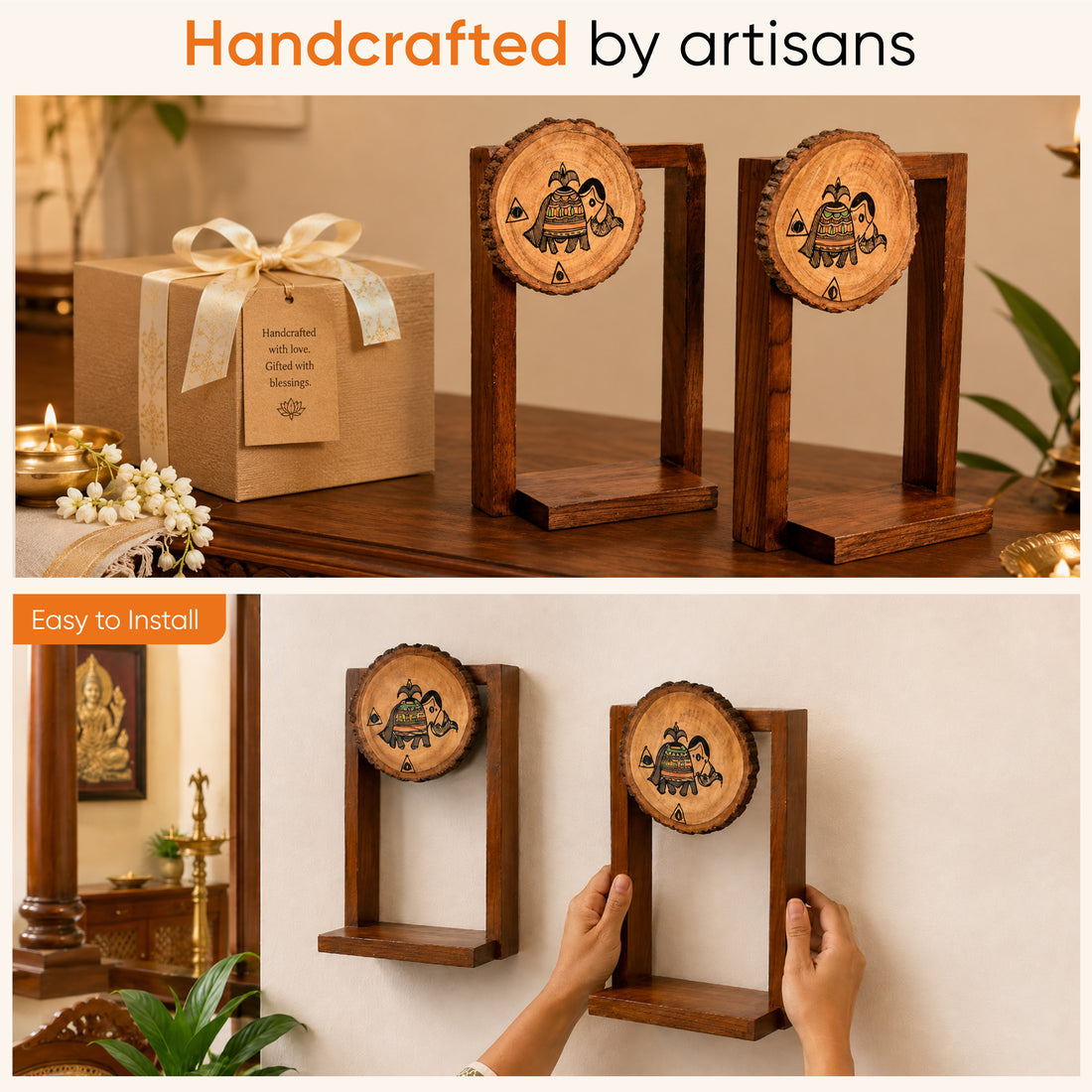 Wall Decor Round Coaster Handcrafted Wooden Shelves (Set of 2) (6x2.5x9)