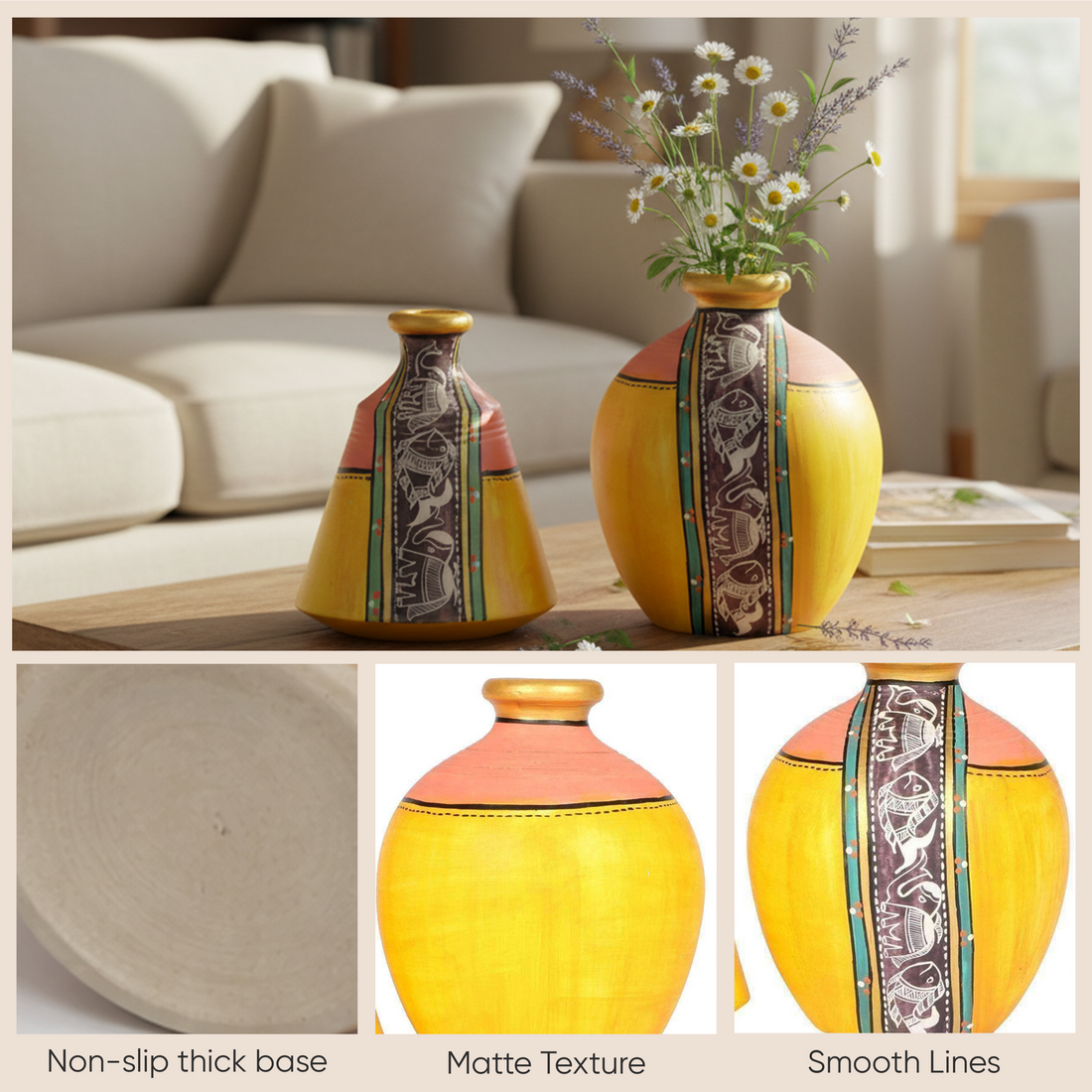 Vase Earthen Yellow Madhubani (Set of 2) (4x3.5/5x3.6)
