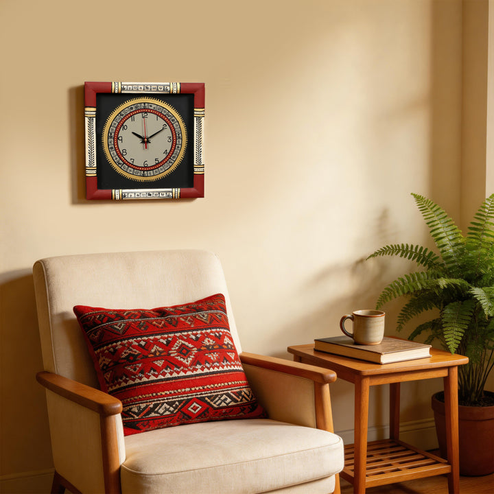 Wall Clock Handcrafted Warli Art White Dial with Glass Frame (10x10)