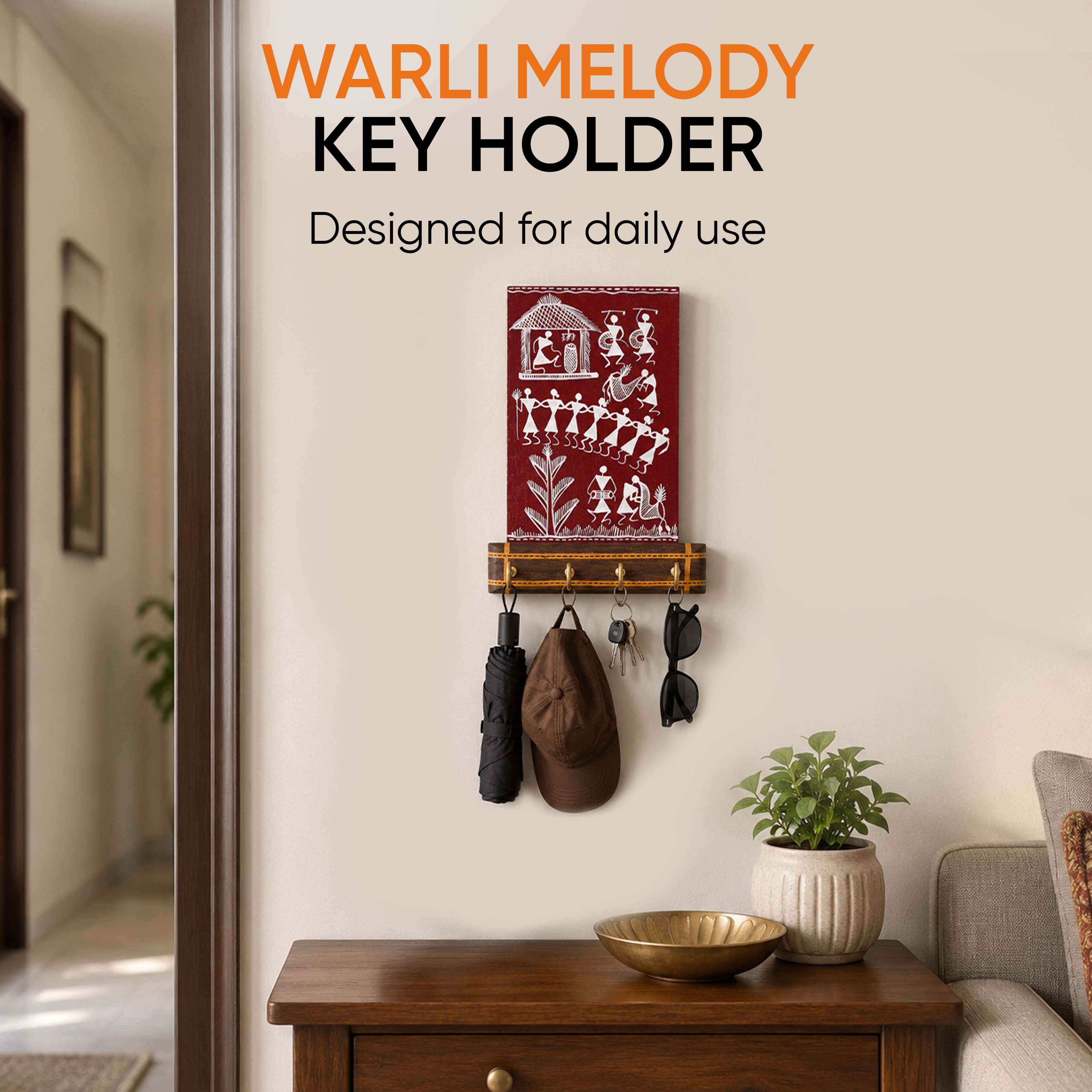 Warli Melody Key Holder In Red (6x2.5x8)